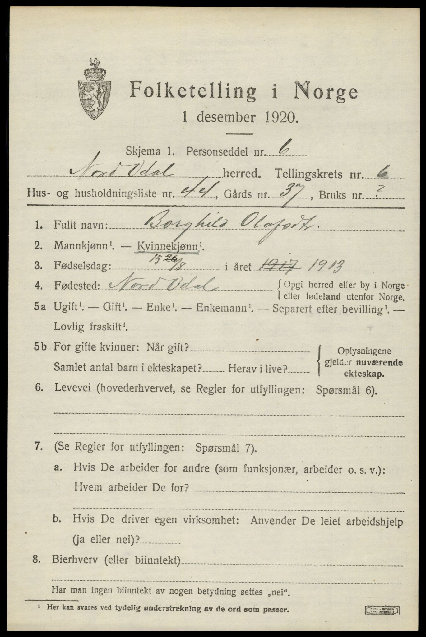 SAH, 1920 census for Nord-Odal, 1920, p. 7091