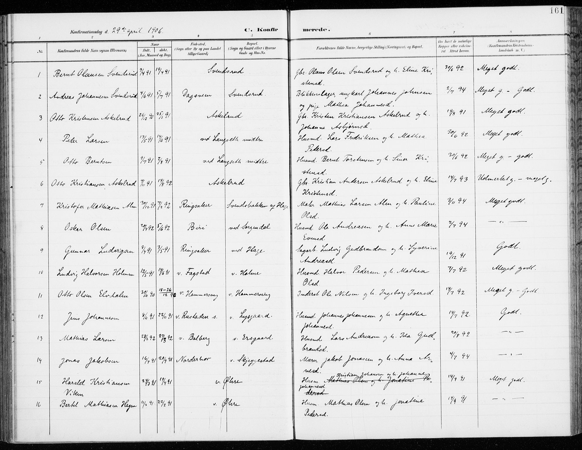 Fåberg prestekontor, AV/SAH-PREST-086/H/Ha/Haa/L0011: Parish register (official) no. 11, 1899-1913, p. 161