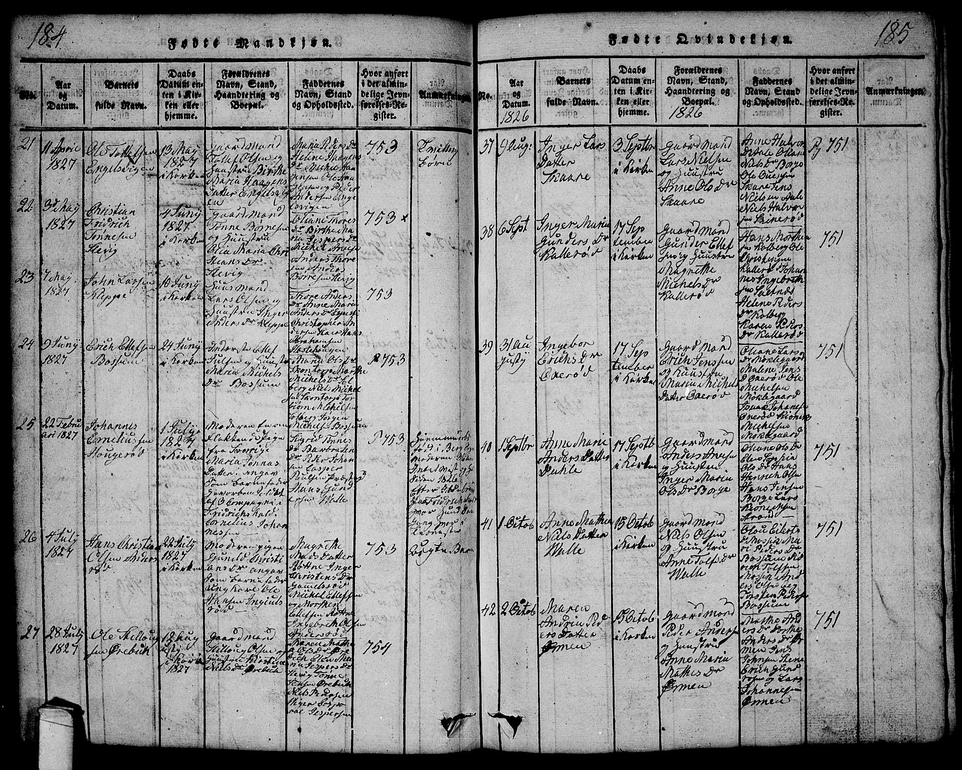 Onsøy prestekontor Kirkebøker, SAO/A-10914/G/Ga/L0001: Parish register (copy) no. I 1, 1814-1840, p. 184-185