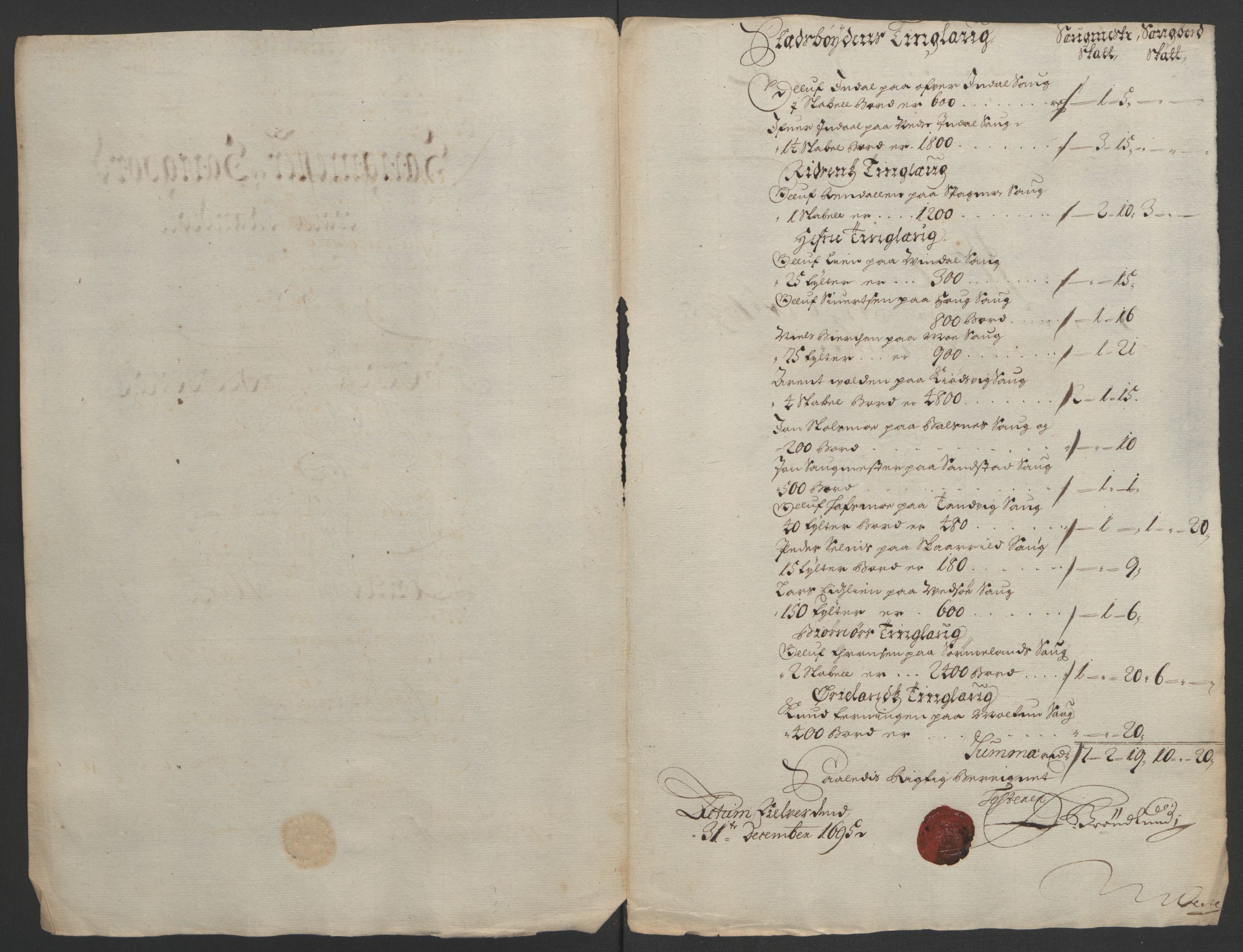 Rentekammeret inntil 1814, Reviderte regnskaper, Fogderegnskap, RA/EA-4092/R57/L3851: Fogderegnskap Fosen, 1695-1696, p. 76