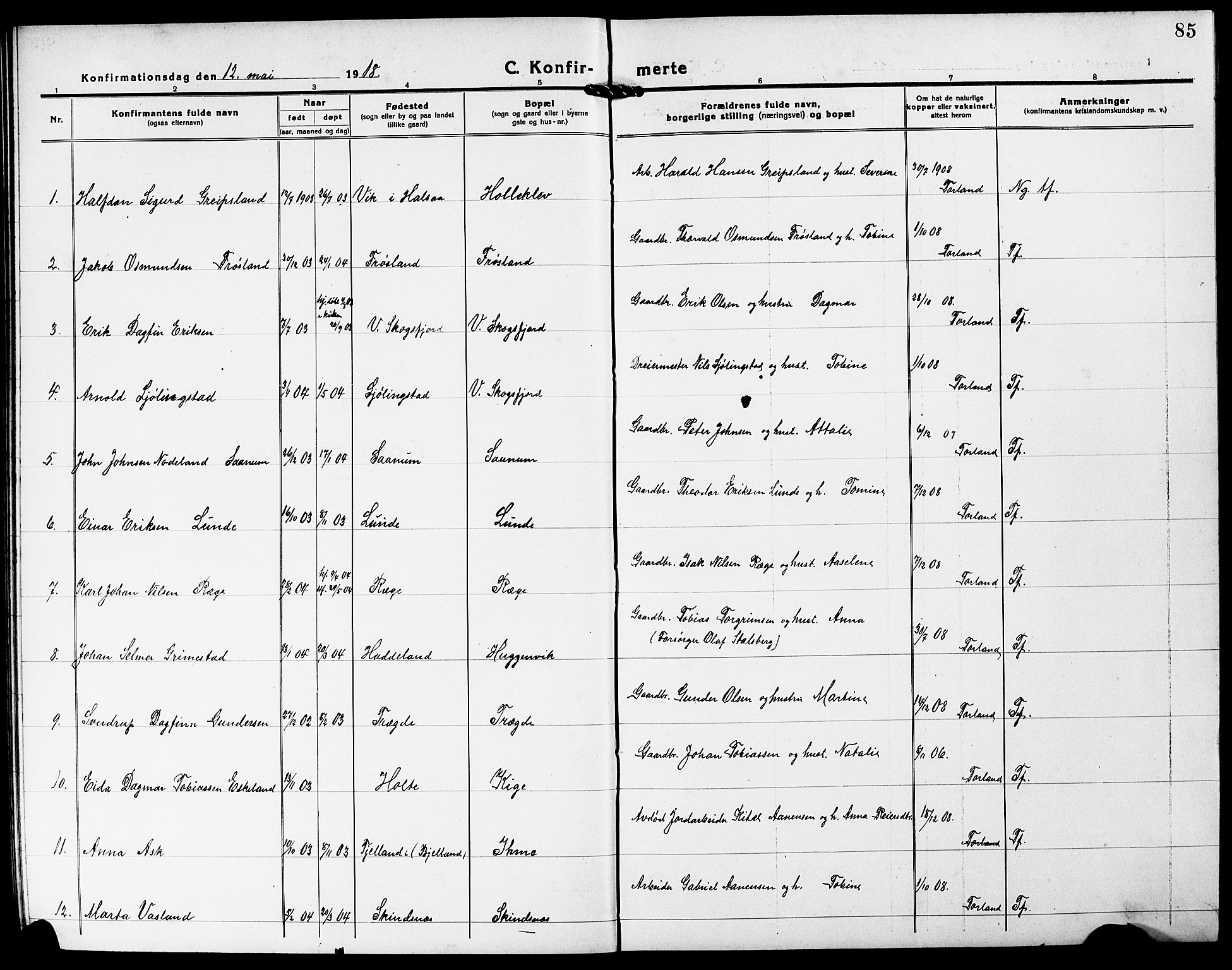 Mandal sokneprestkontor, SAK/1111-0030/F/Fb/Fba/L0013: Parish register (copy) no. B 7, 1918-1931, p. 85
