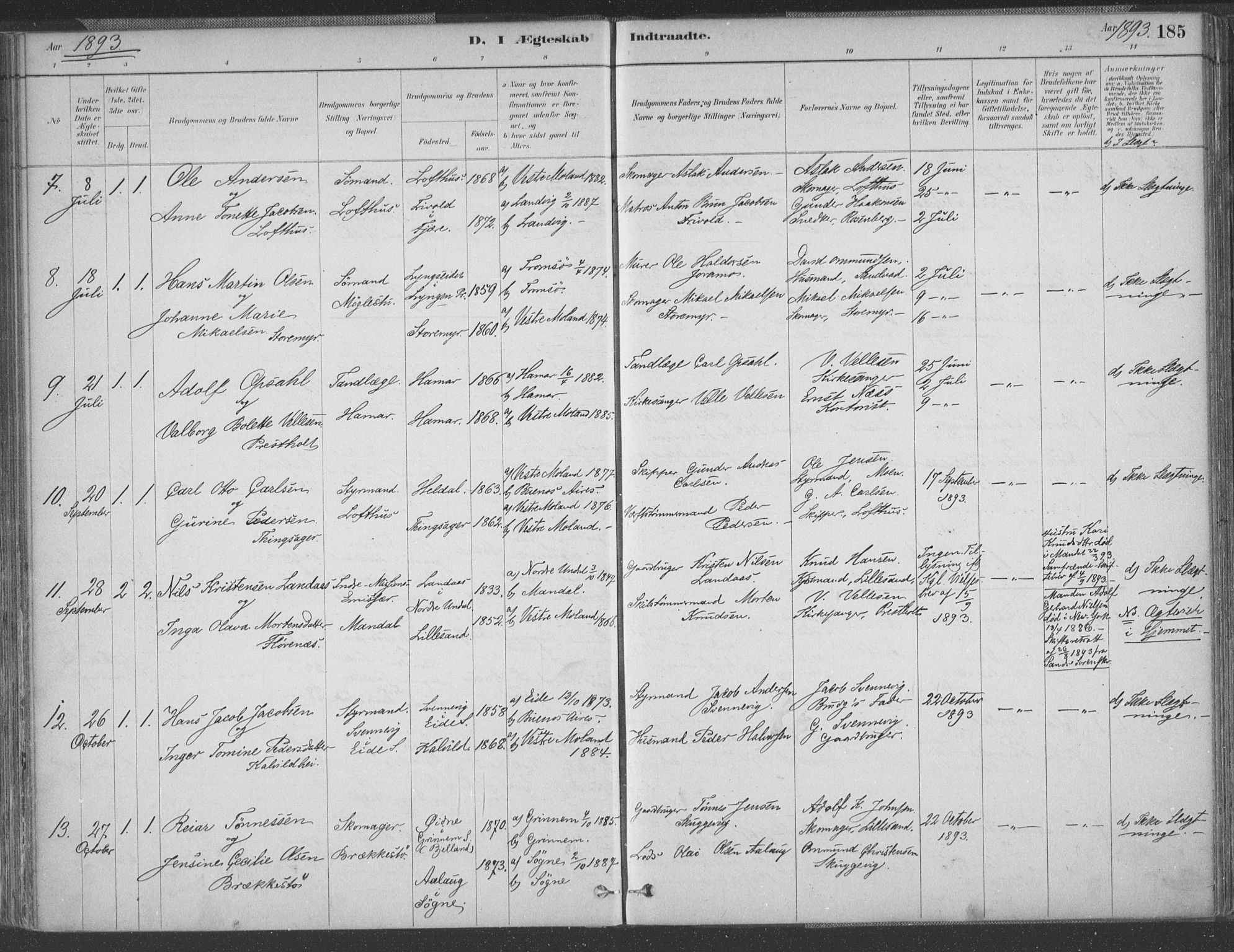 Vestre Moland sokneprestkontor, AV/SAK-1111-0046/F/Fa/Fab/L0009: Parish register (official) no. A 9, 1884-1899, p. 185