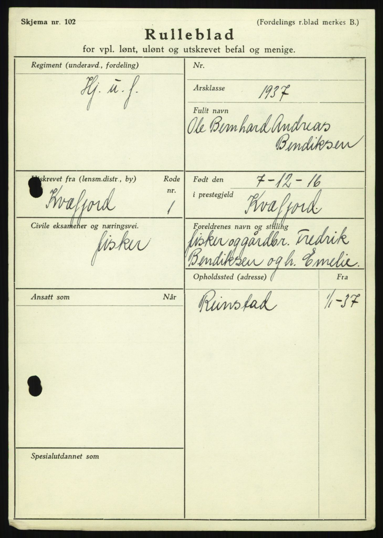 Forsvaret, Troms infanteriregiment nr. 16, AV/RA-RAFA-3146/P/Pa/L0021: Rulleblad for regimentets menige mannskaper, årsklasse 1937, 1937, p. 47