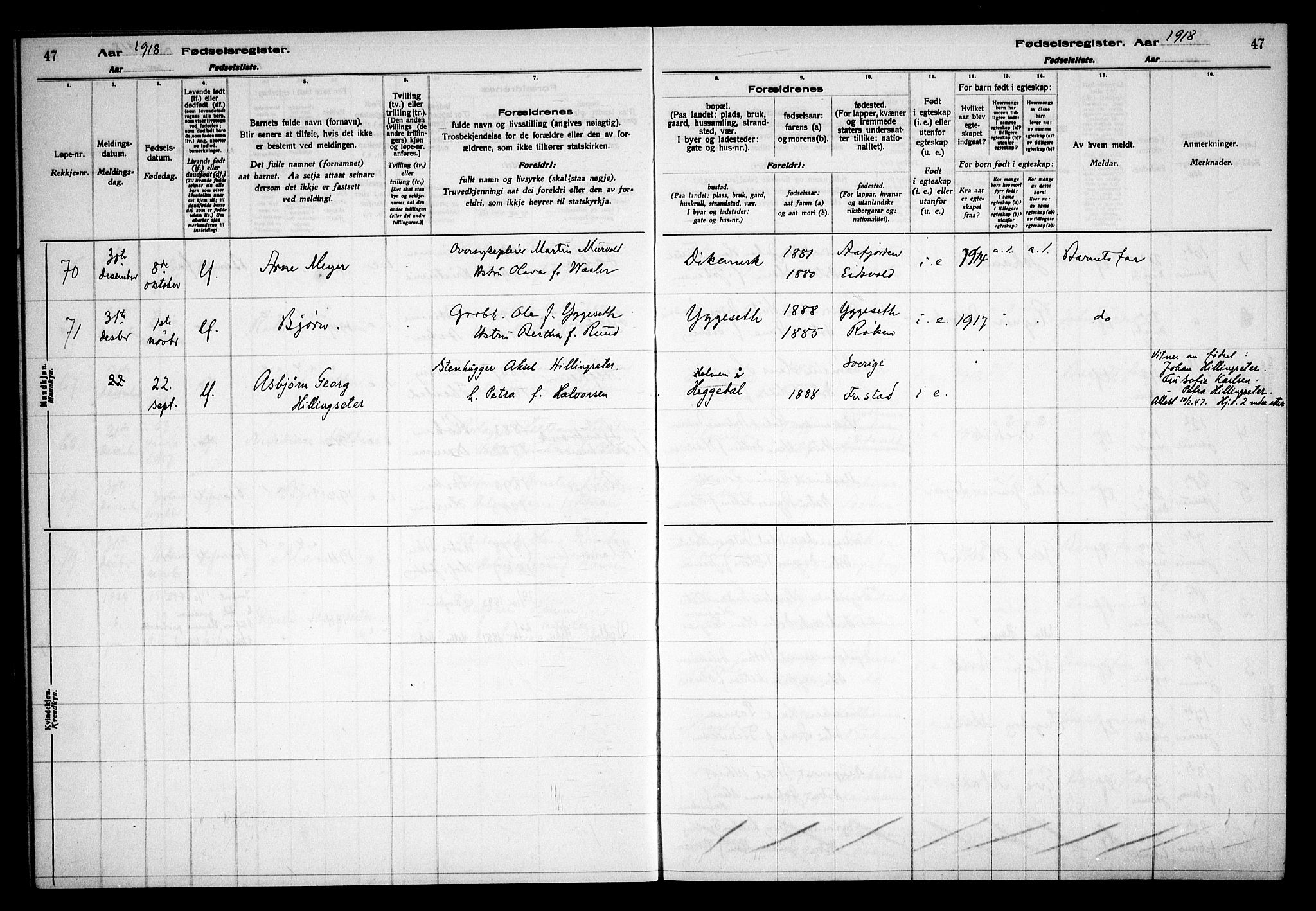 Asker prestekontor Kirkebøker, AV/SAO-A-10256a/J/L0001: Birth register no. 1, 1916-1925, p. 47