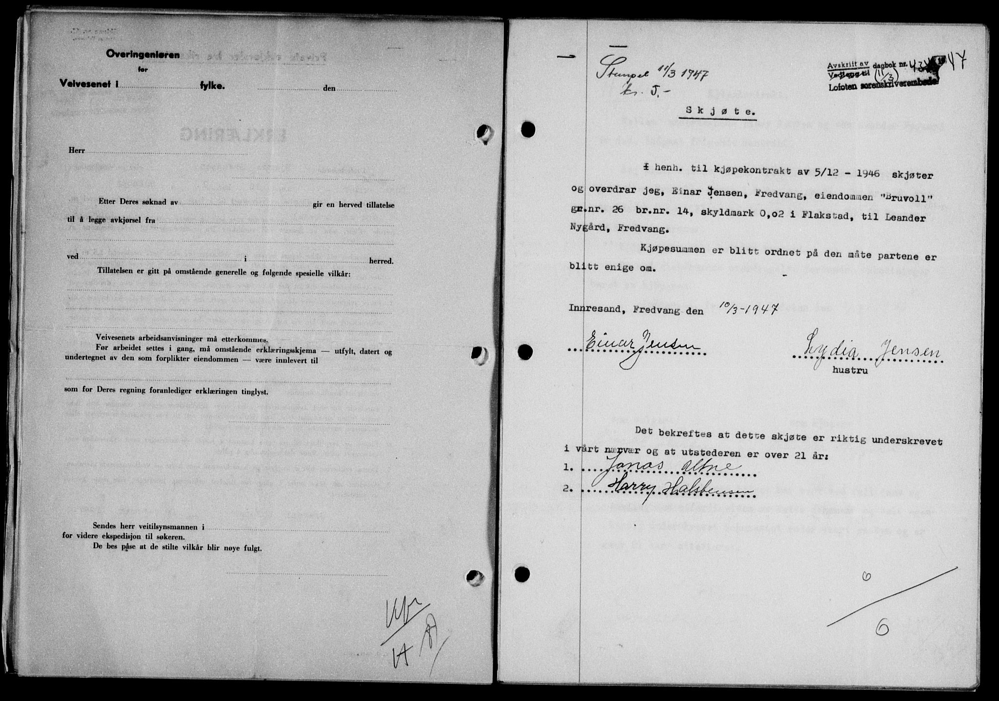 Lofoten sorenskriveri, SAT/A-0017/1/2/2C/L0015a: Mortgage book no. 15a, 1946-1947, Diary no: : 434/1947