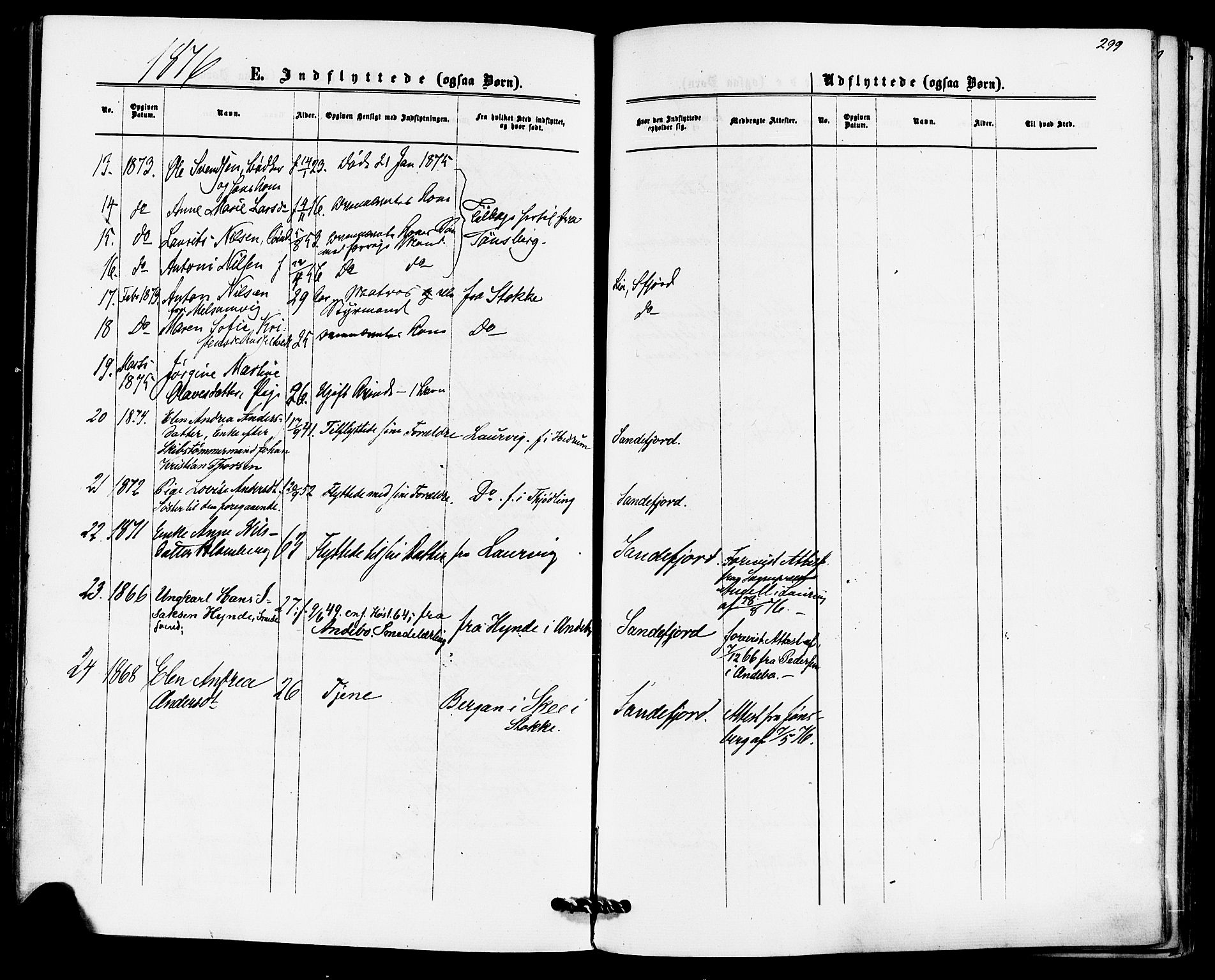 Sandefjord kirkebøker, AV/SAKO-A-315/F/Fa/L0001: Parish register (official) no. 1, 1873-1879, p. 299