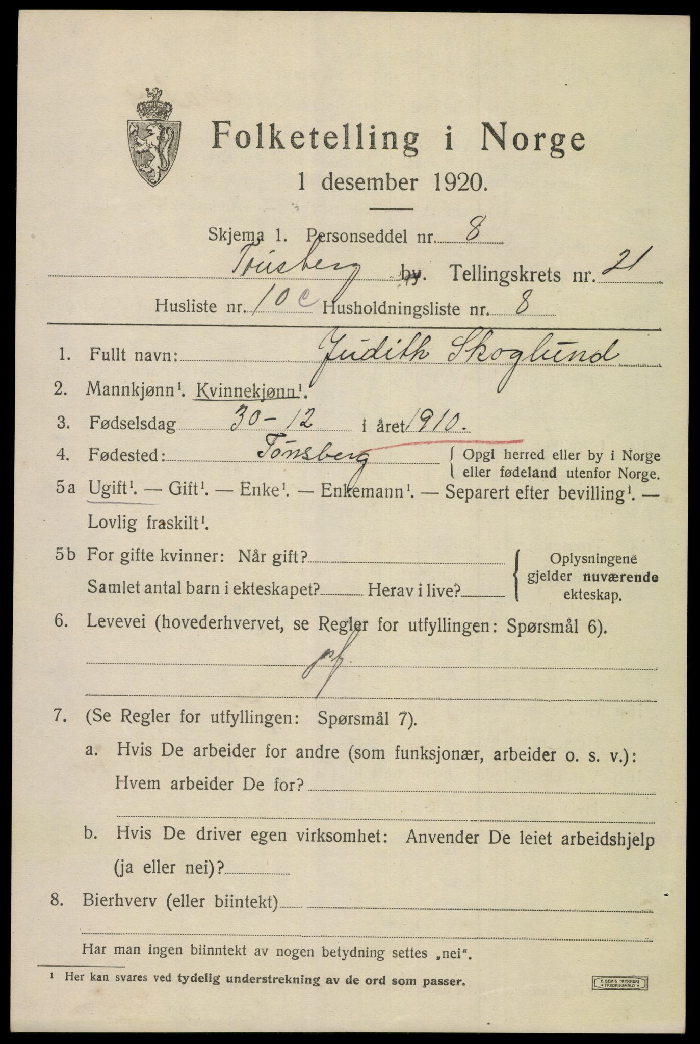 SAKO, 1920 census for Tønsberg, 1920, p. 30401