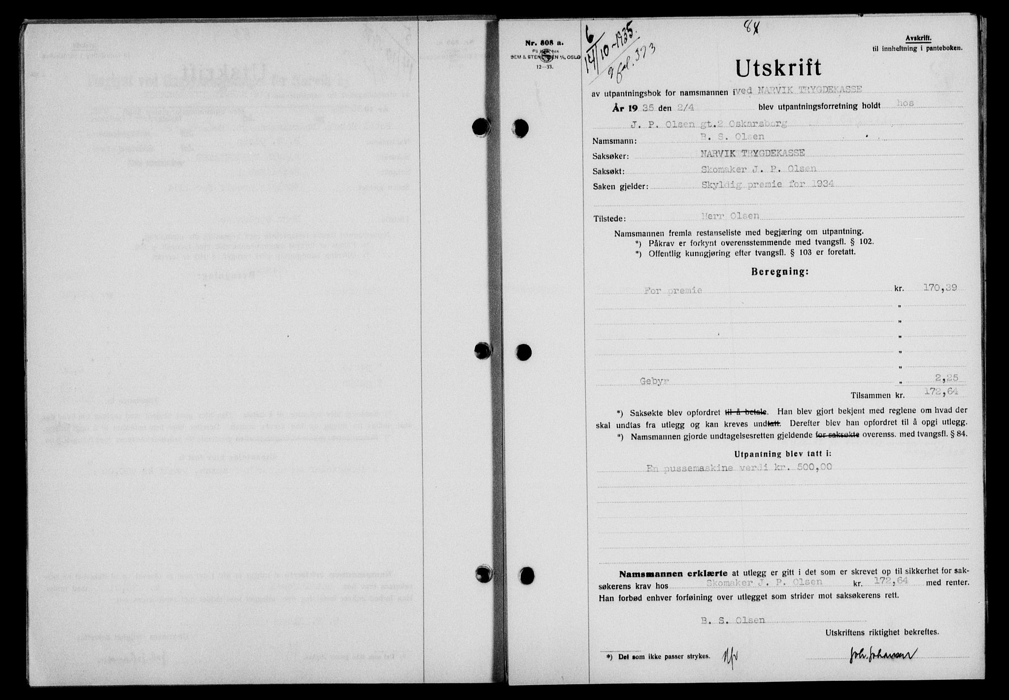 Narvik sorenskriveri, SAT/A-0002/1/2/2C/2Ca/L0011: Mortgage book no. 14, 1935-1937, Deed date: 14.10.1935