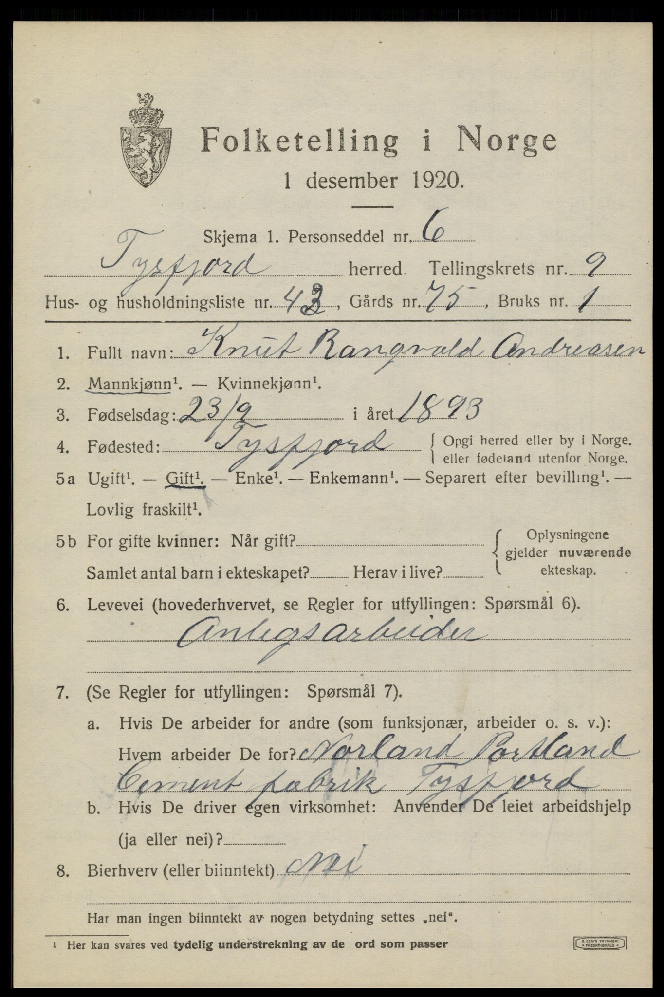 SAT, 1920 census for Tysfjord, 1920, p. 6771