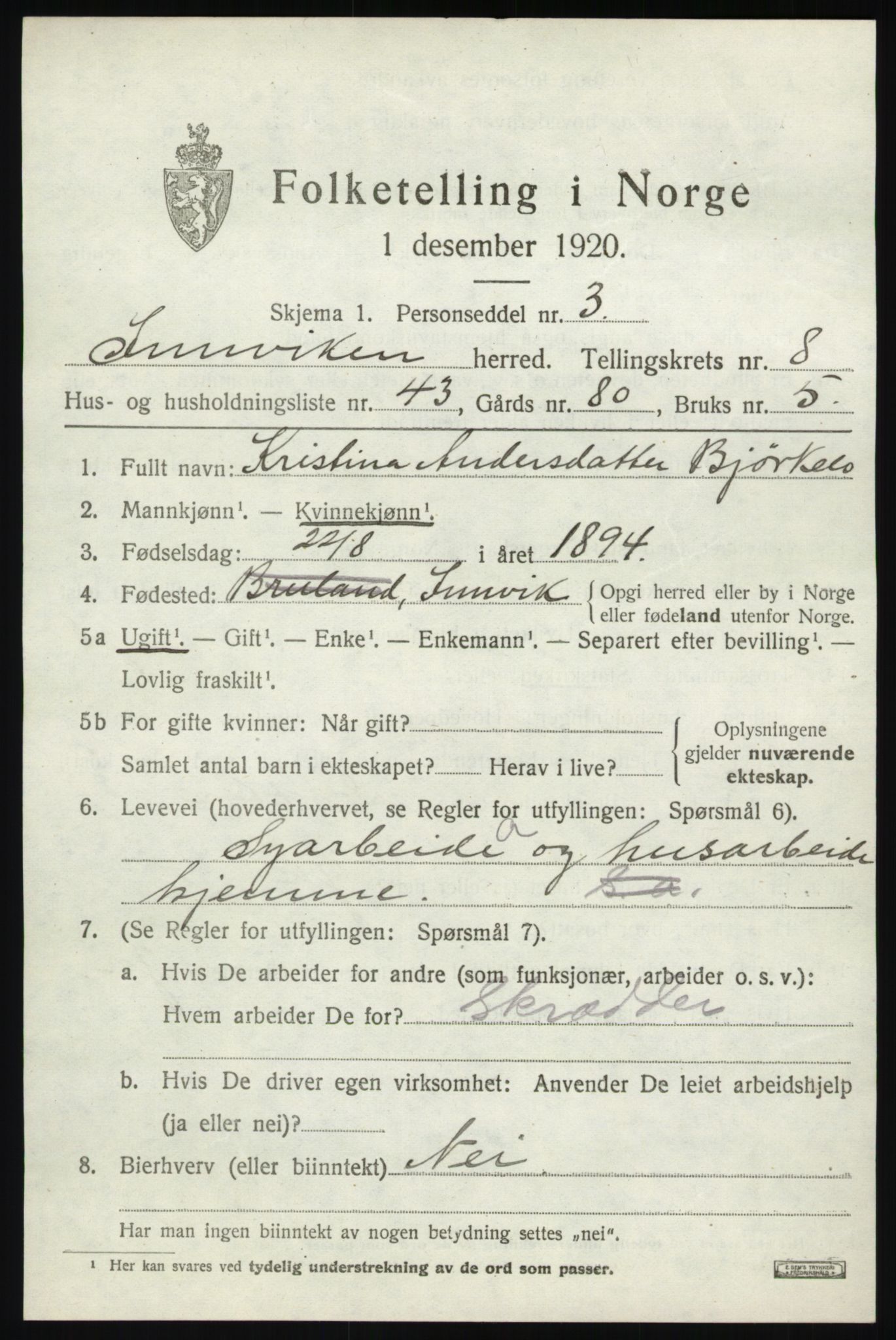 SAB, 1920 census for Innvik, 1920, p. 3895