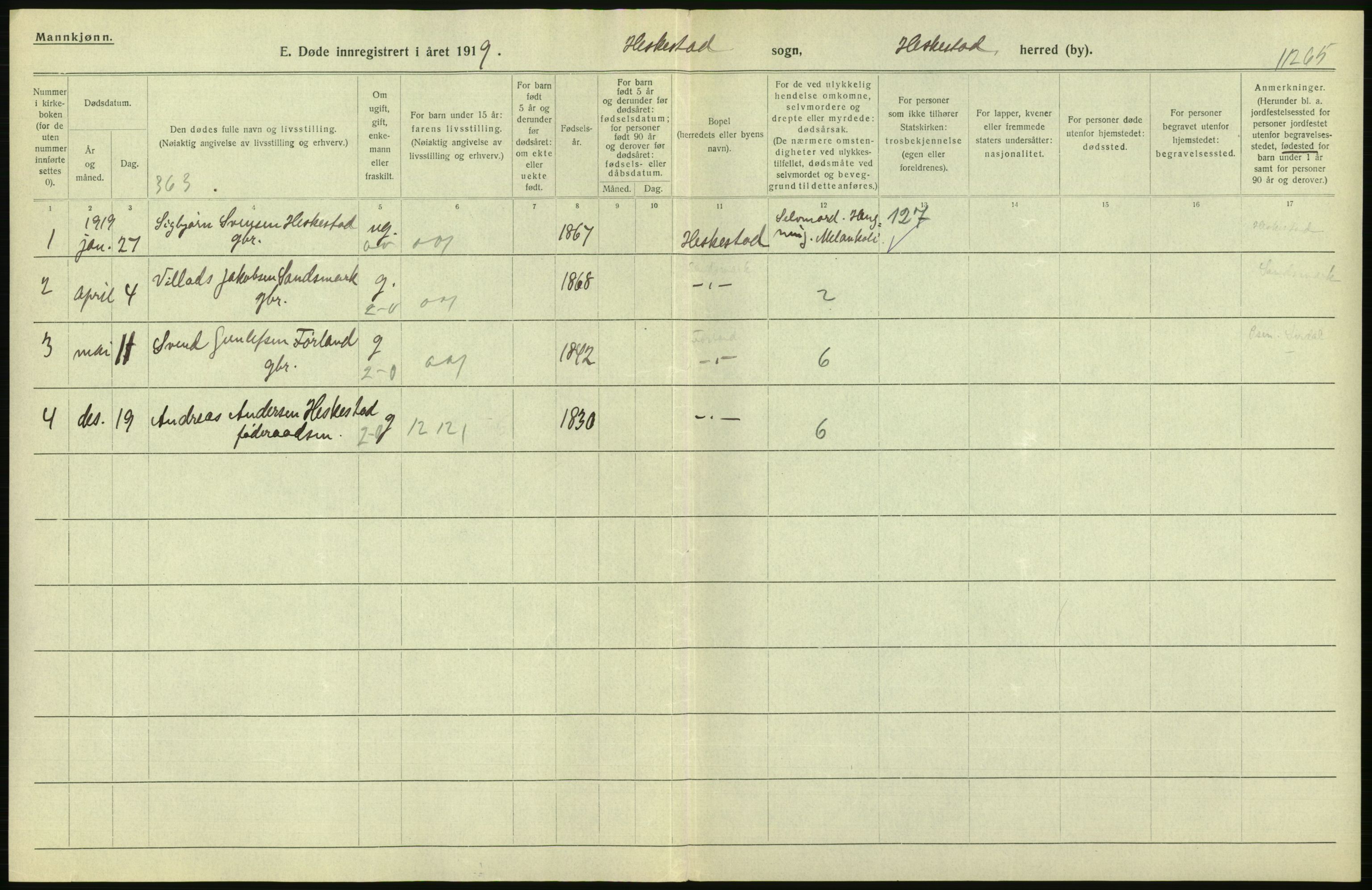 Statistisk sentralbyrå, Sosiodemografiske emner, Befolkning, AV/RA-S-2228/D/Df/Dfb/Dfbi/L0030: Rogaland fylke: Døde. Bygder og byer., 1919, p. 8