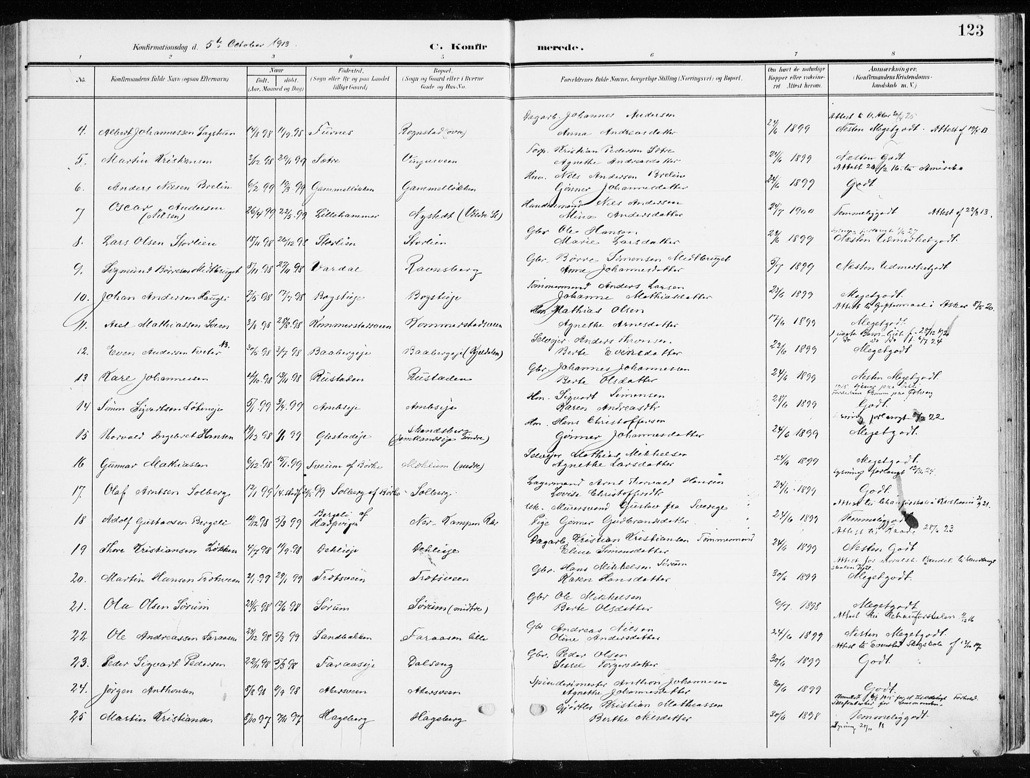 Ringsaker prestekontor, SAH/PREST-014/K/Ka/L0019: Parish register (official) no. 19, 1905-1920, p. 123
