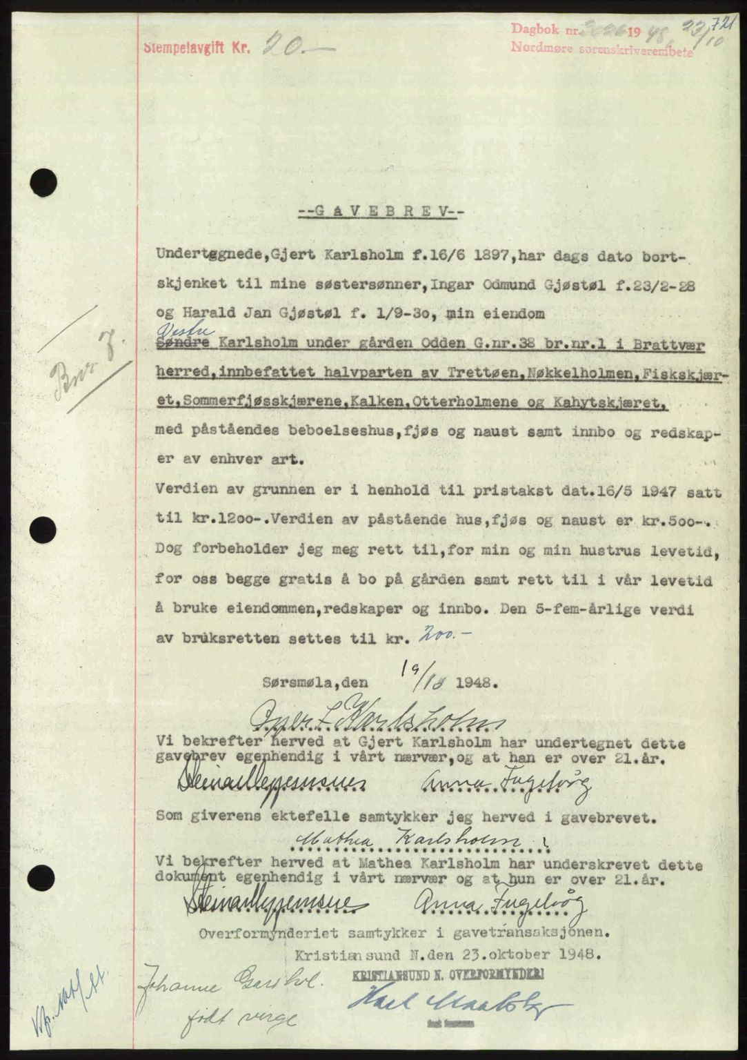 Nordmøre sorenskriveri, AV/SAT-A-4132/1/2/2Ca: Mortgage book no. A109, 1948-1948, Diary no: : 3026/1948