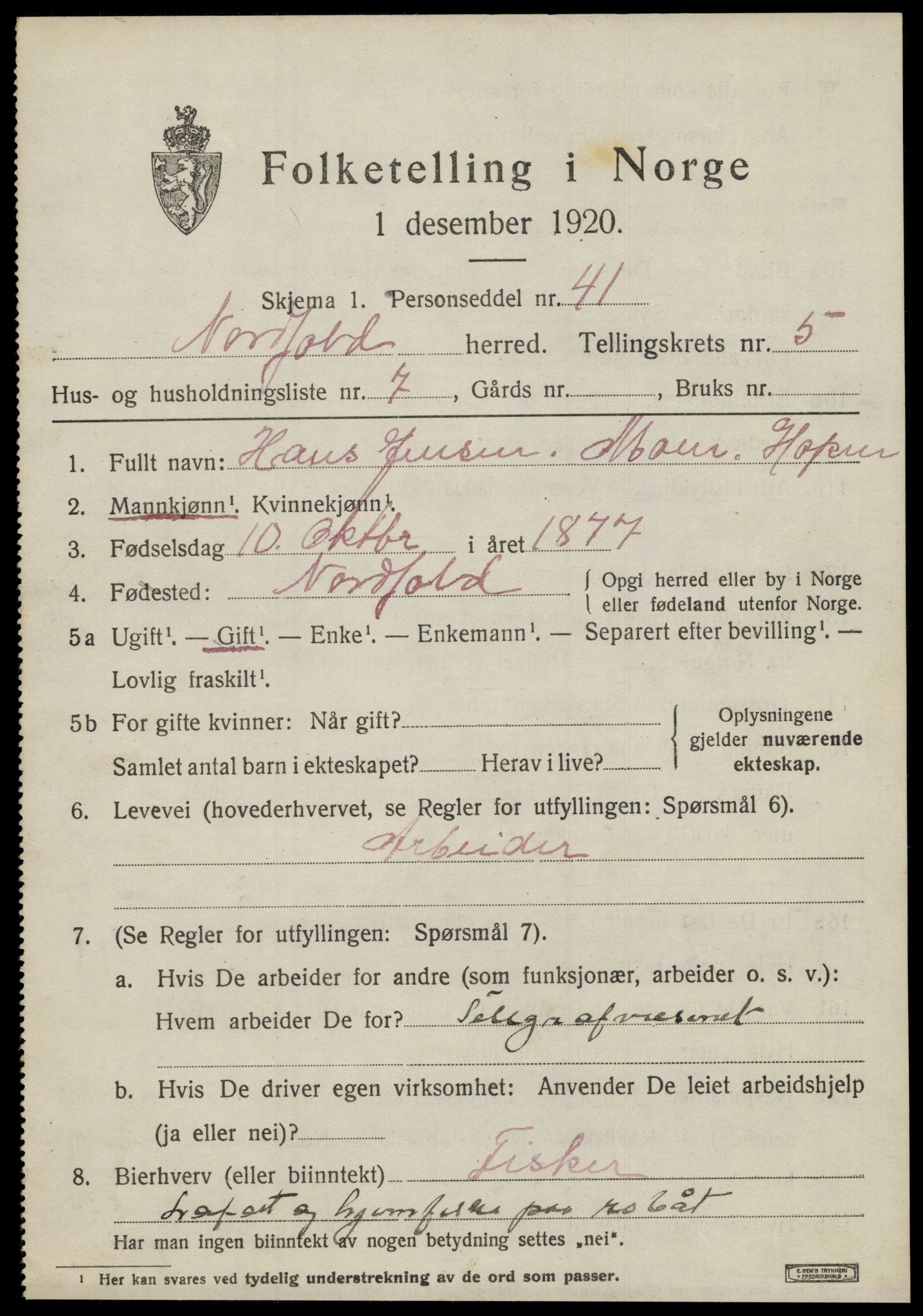 SAT, 1920 census for Nordfold, 1920, p. 2513