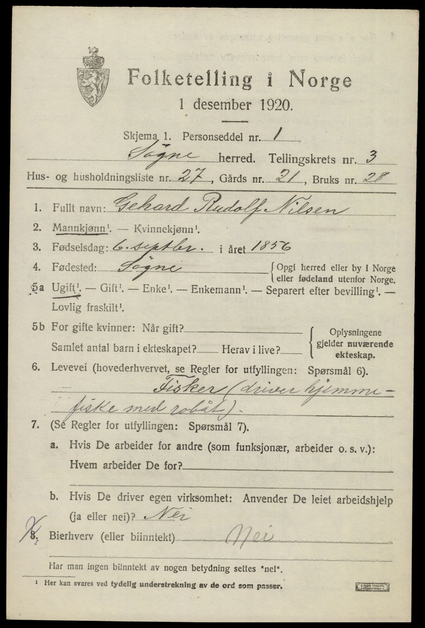 SAK, 1920 census for Søgne, 1920, p. 1865