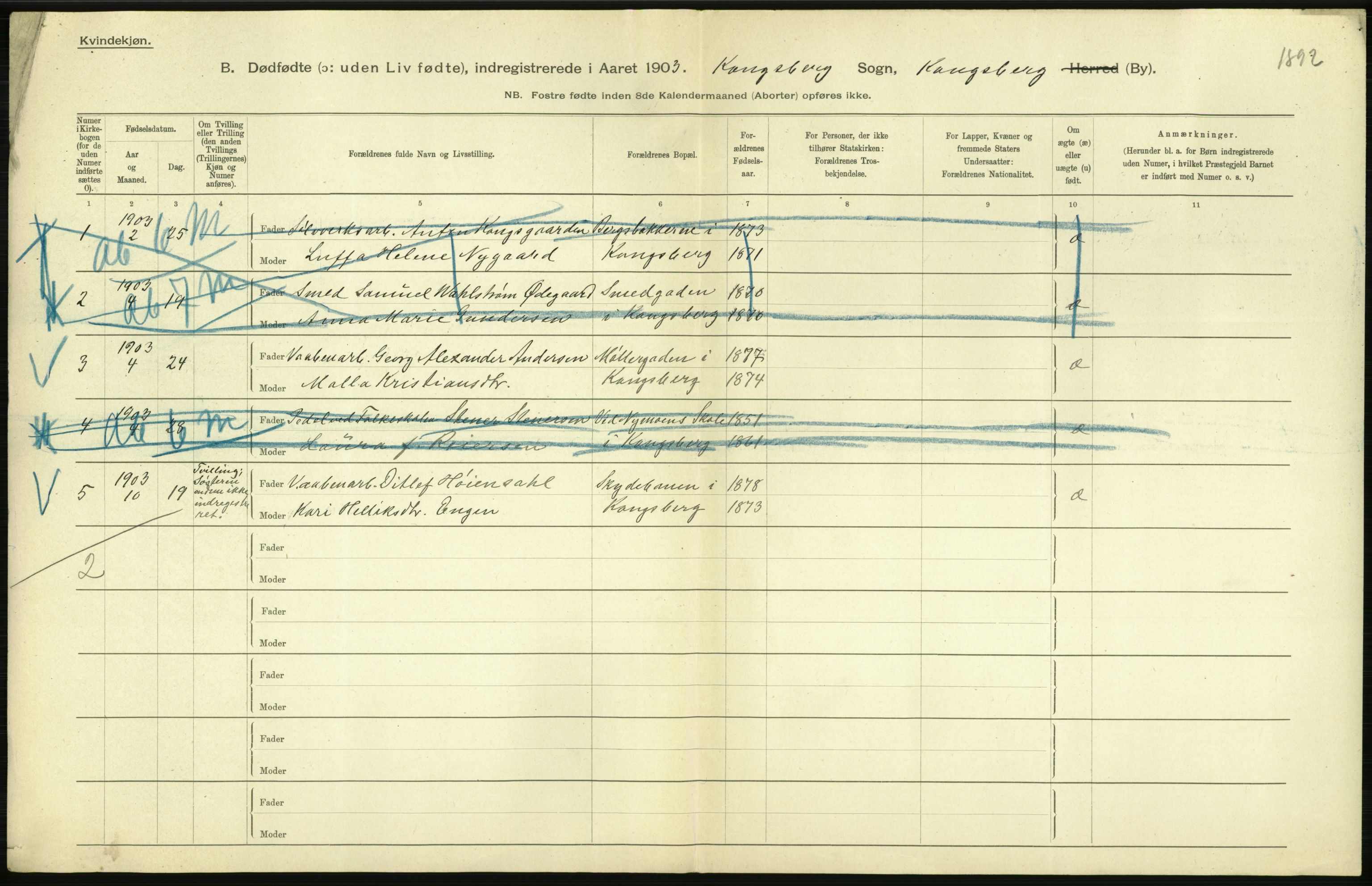 Statistisk sentralbyrå, Sosiodemografiske emner, Befolkning, AV/RA-S-2228/D/Df/Dfa/Dfaa/L0026: Smålenenes - Finnmarkens amt: Dødfødte. Byer., 1903, p. 202