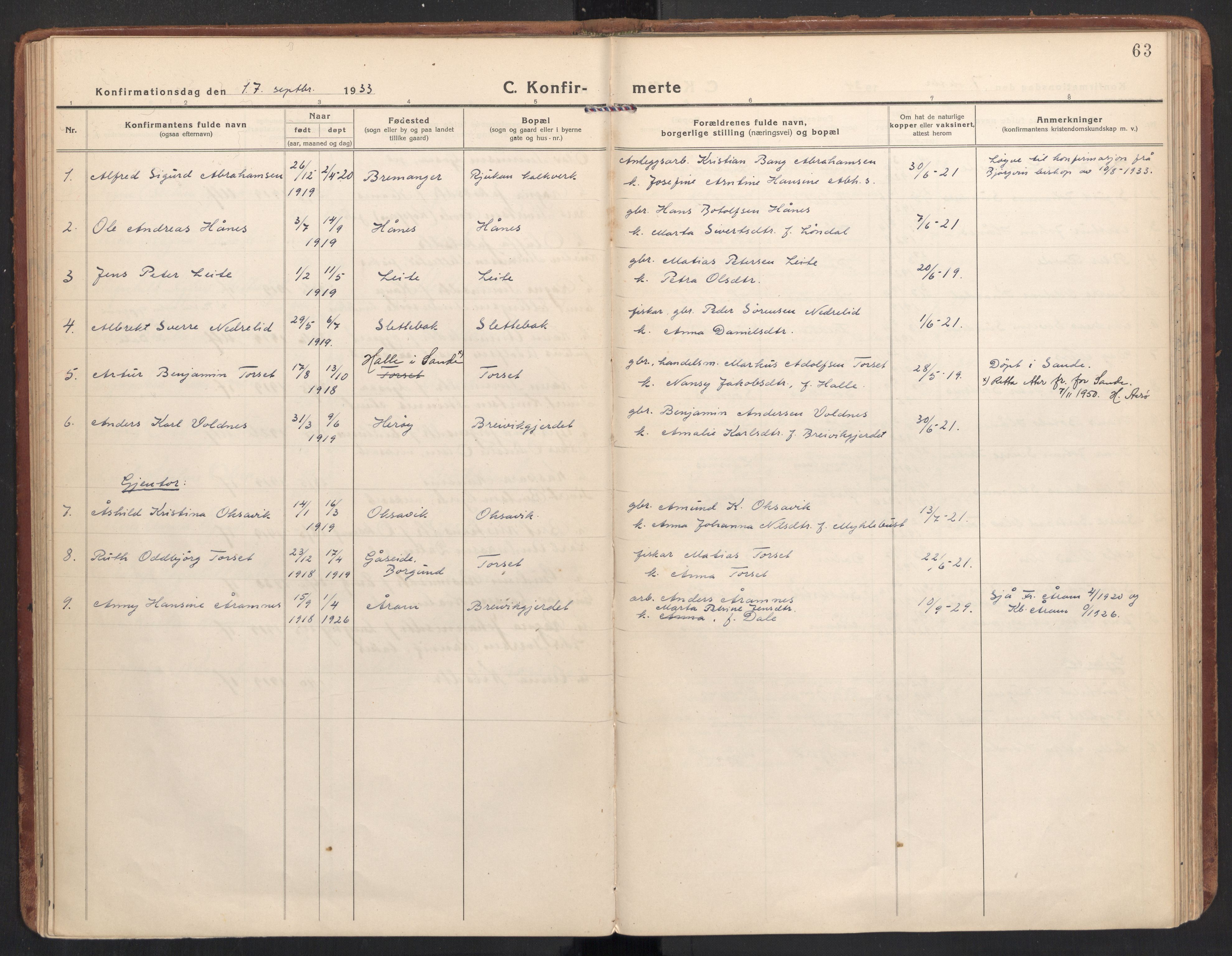 Ministerialprotokoller, klokkerbøker og fødselsregistre - Møre og Romsdal, AV/SAT-A-1454/504/L0058: Parish register (official) no. 504A05, 1920-1940, p. 63