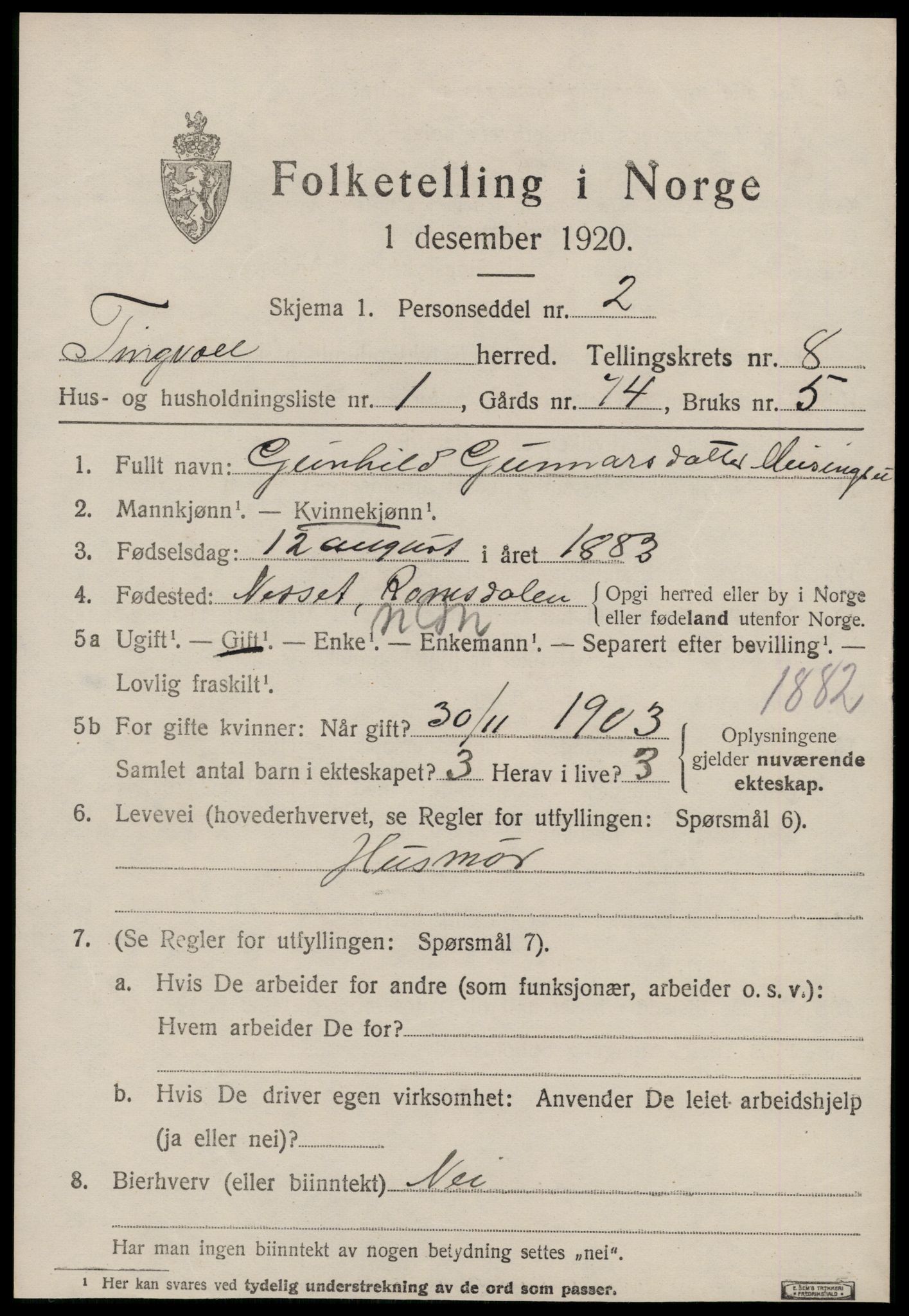 SAT, 1920 census for Tingvoll, 1920, p. 3678