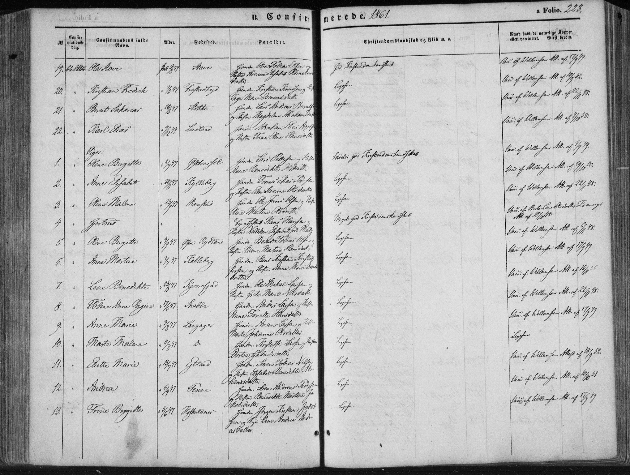 Lista sokneprestkontor, SAK/1111-0027/F/Fa/L0011: Parish register (official) no. A 11, 1861-1878, p. 223