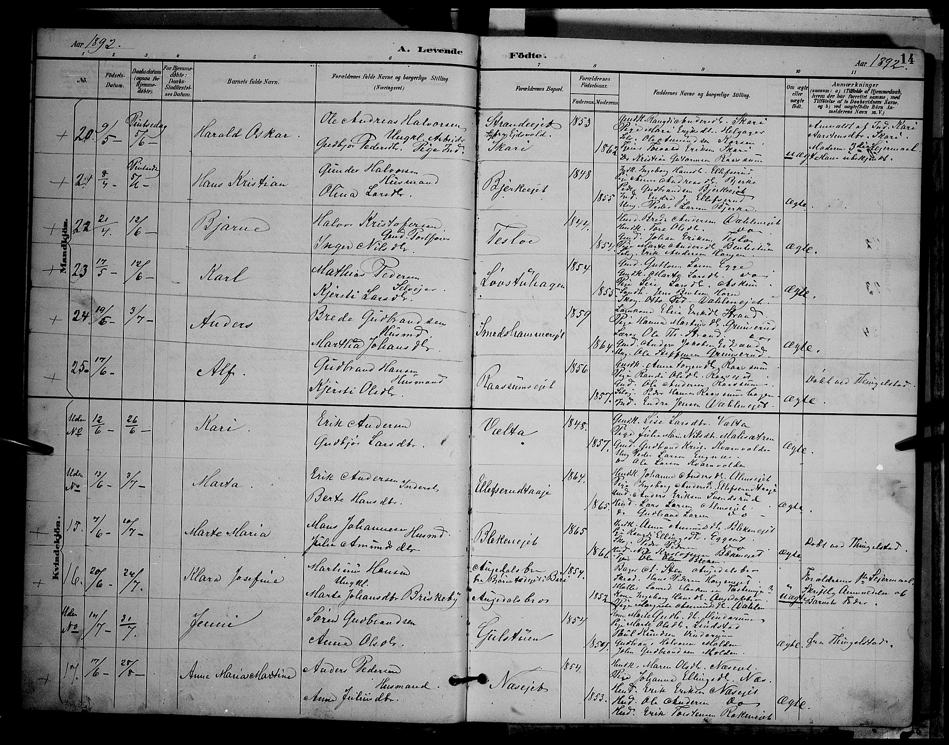 Gran prestekontor, AV/SAH-PREST-112/H/Ha/Hab/L0004: Parish register (copy) no. 4, 1890-1899, p. 14