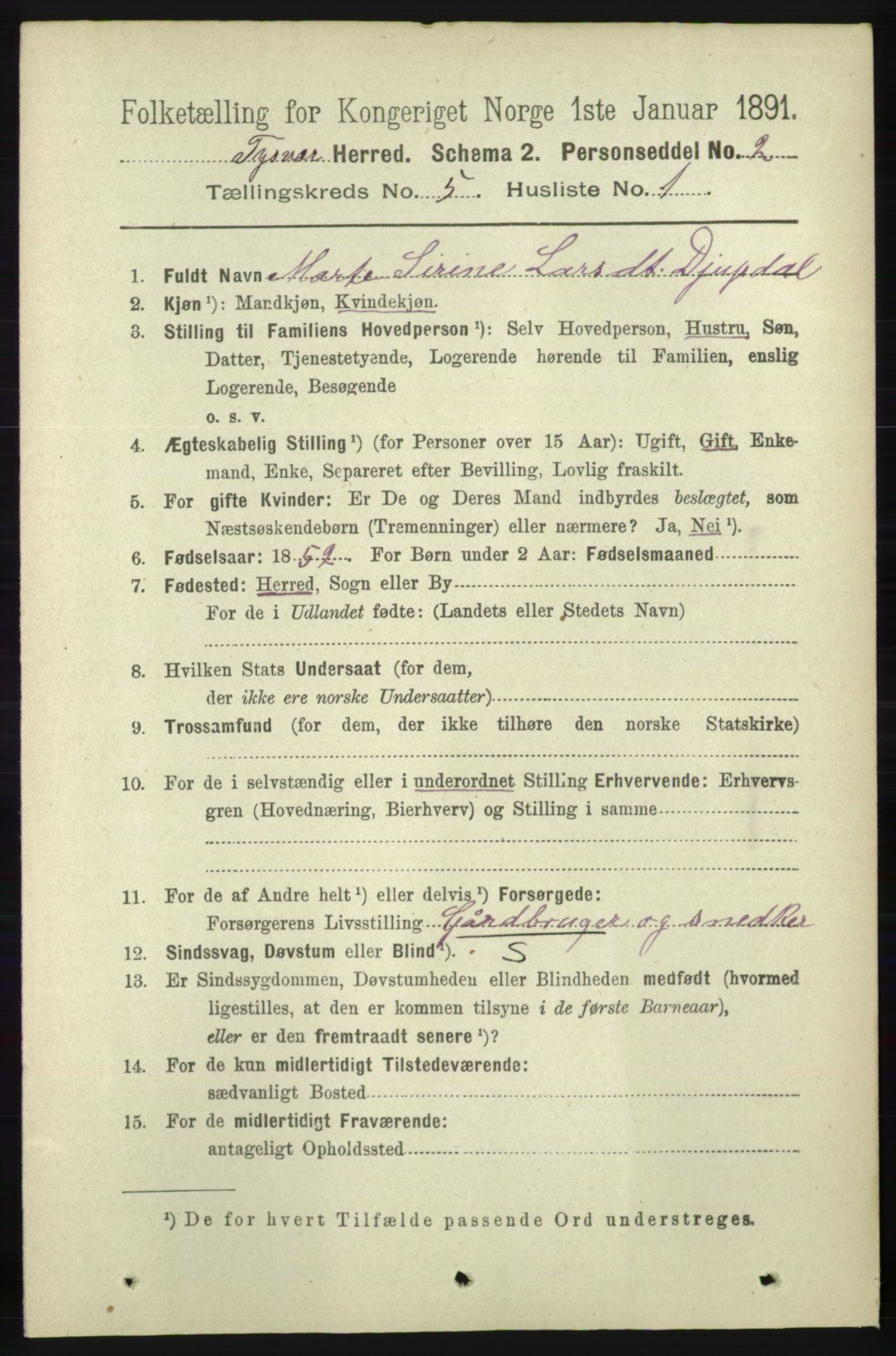 RA, 1891 census for 1146 Tysvær, 1891, p. 1895