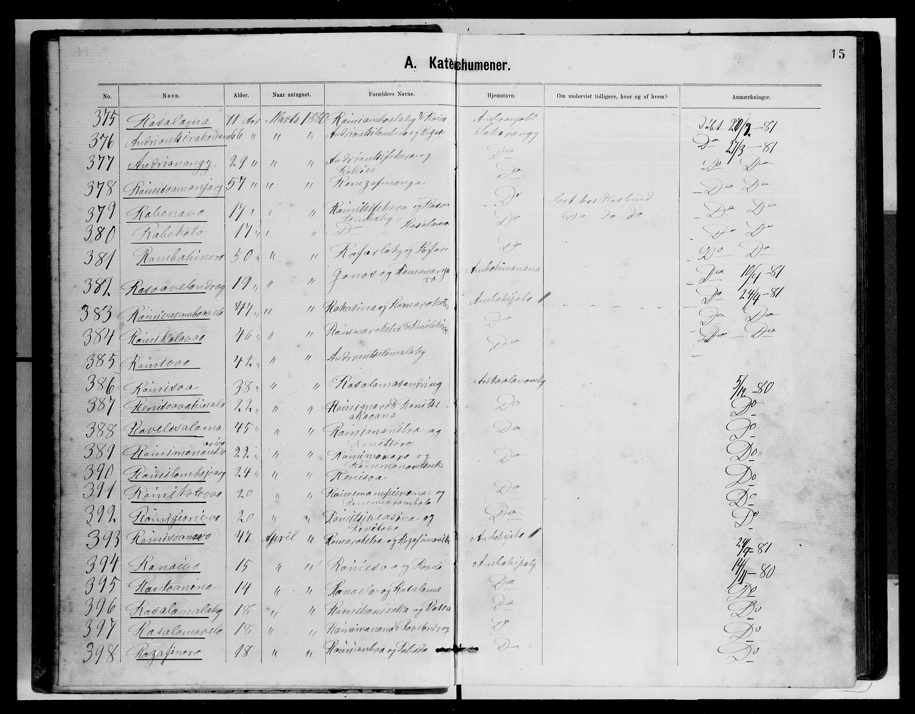 Archives FLM/NMS, Madagaskar, VID/MA-A-1163/D/Db/L0269: Parish register (official) no. 1, 1867-1884, p. 15