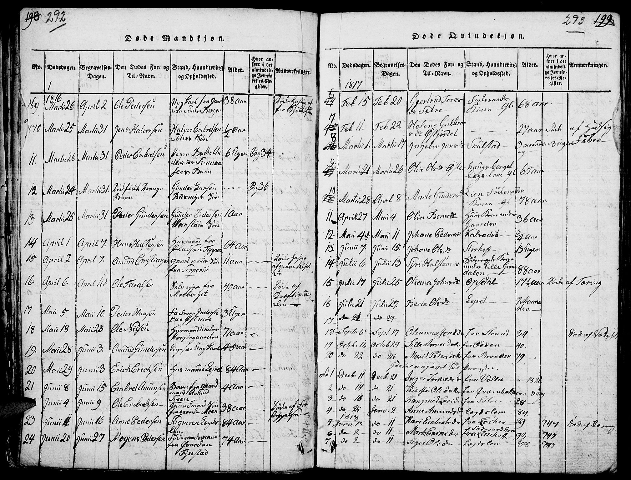 Elverum prestekontor, AV/SAH-PREST-044/H/Ha/Hab/L0001: Parish register (copy) no. 1, 1815-1829, p. 292-293