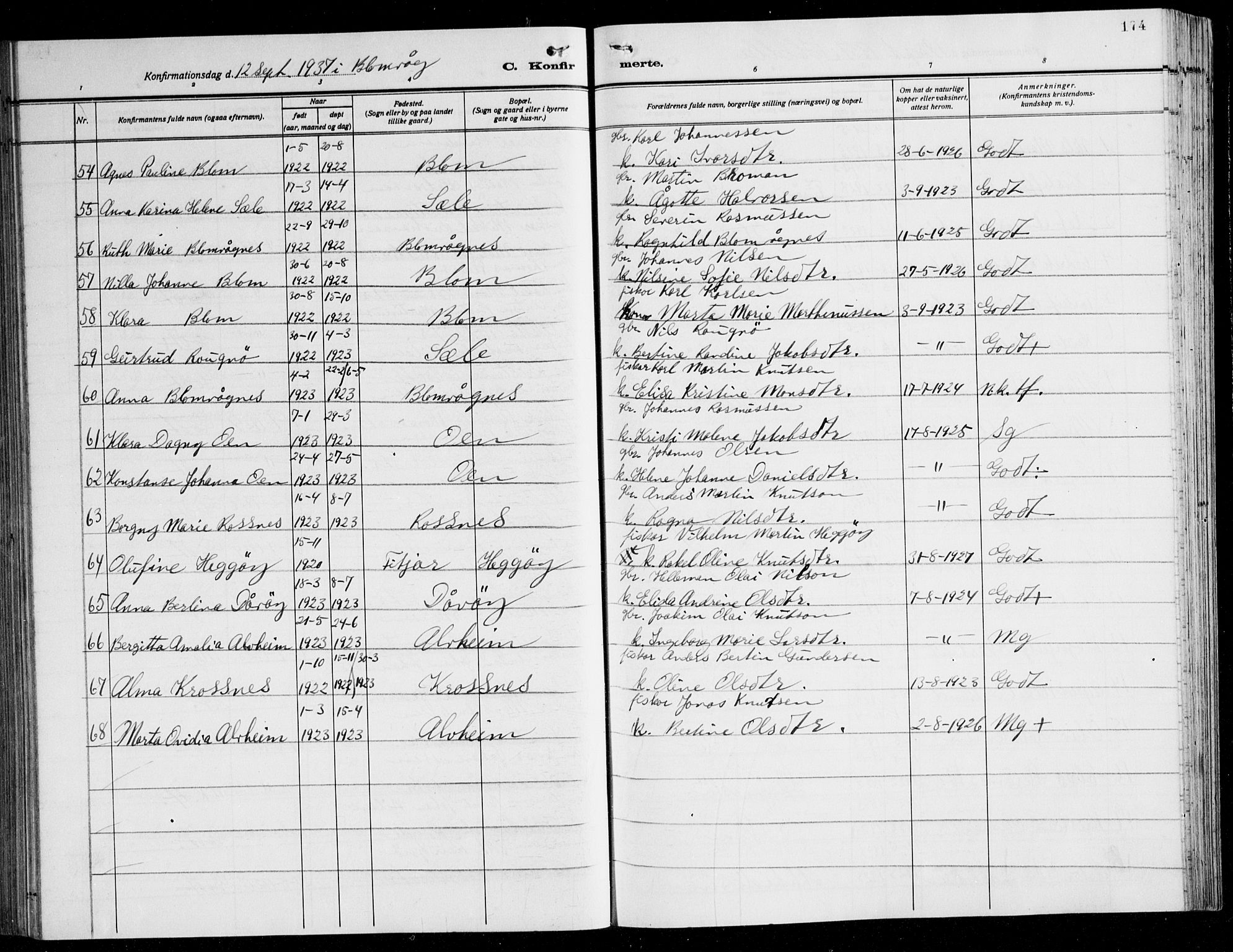 Herdla Sokneprestembete, AV/SAB-A-75701/H/Hab: Parish register (copy) no. C 3, 1926-1940, p. 174