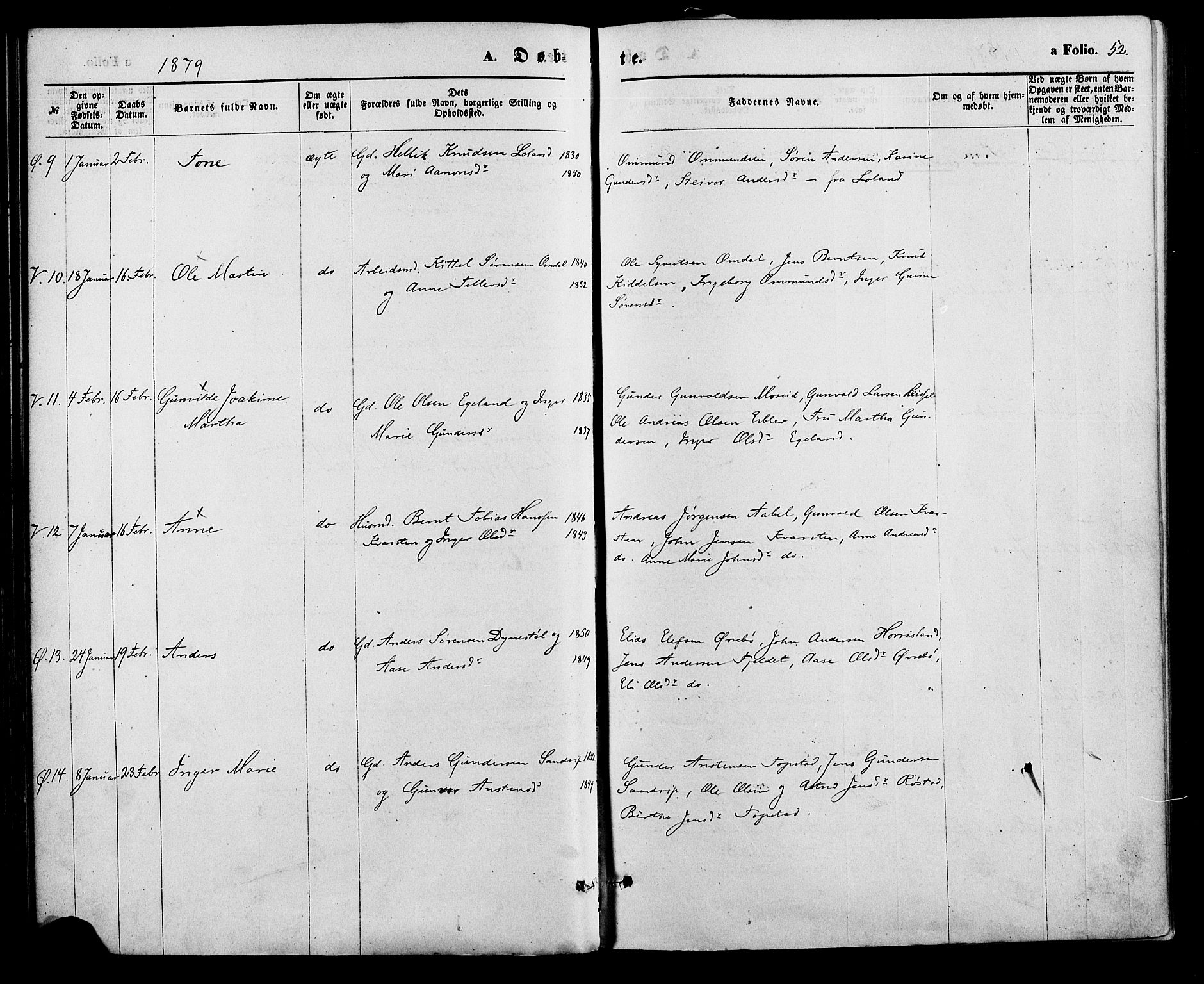 Vennesla sokneprestkontor, AV/SAK-1111-0045/Fa/Fac/L0008: Parish register (official) no. A 8, 1874-1883, p. 52