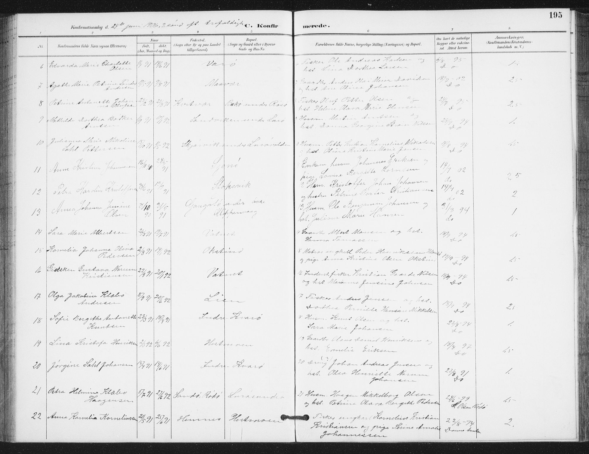 Ministerialprotokoller, klokkerbøker og fødselsregistre - Nordland, AV/SAT-A-1459/839/L0573: Parish register (copy) no. 839C03, 1892-1917, p. 195