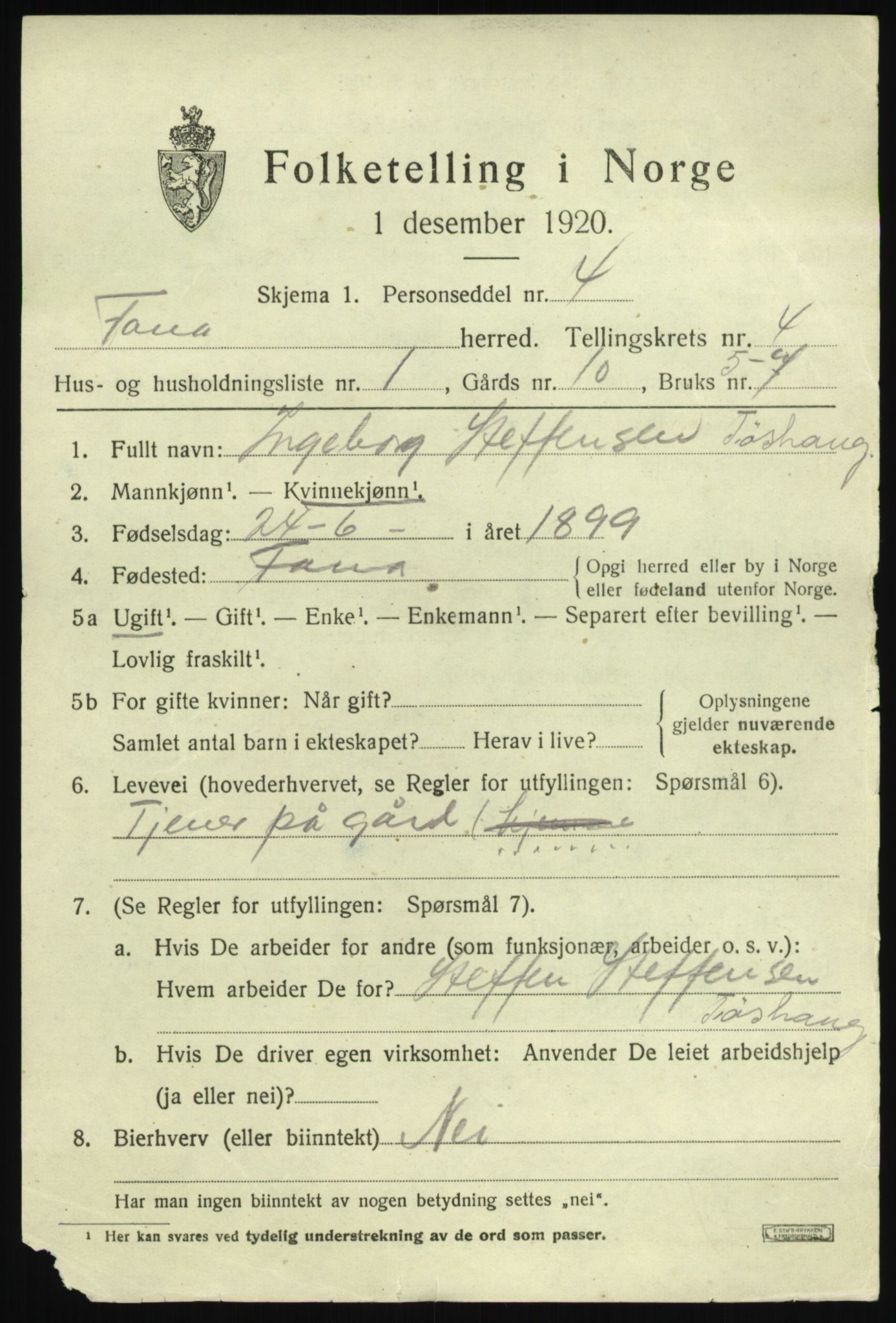 SAB, 1920 census for Fana, 1920, p. 5481