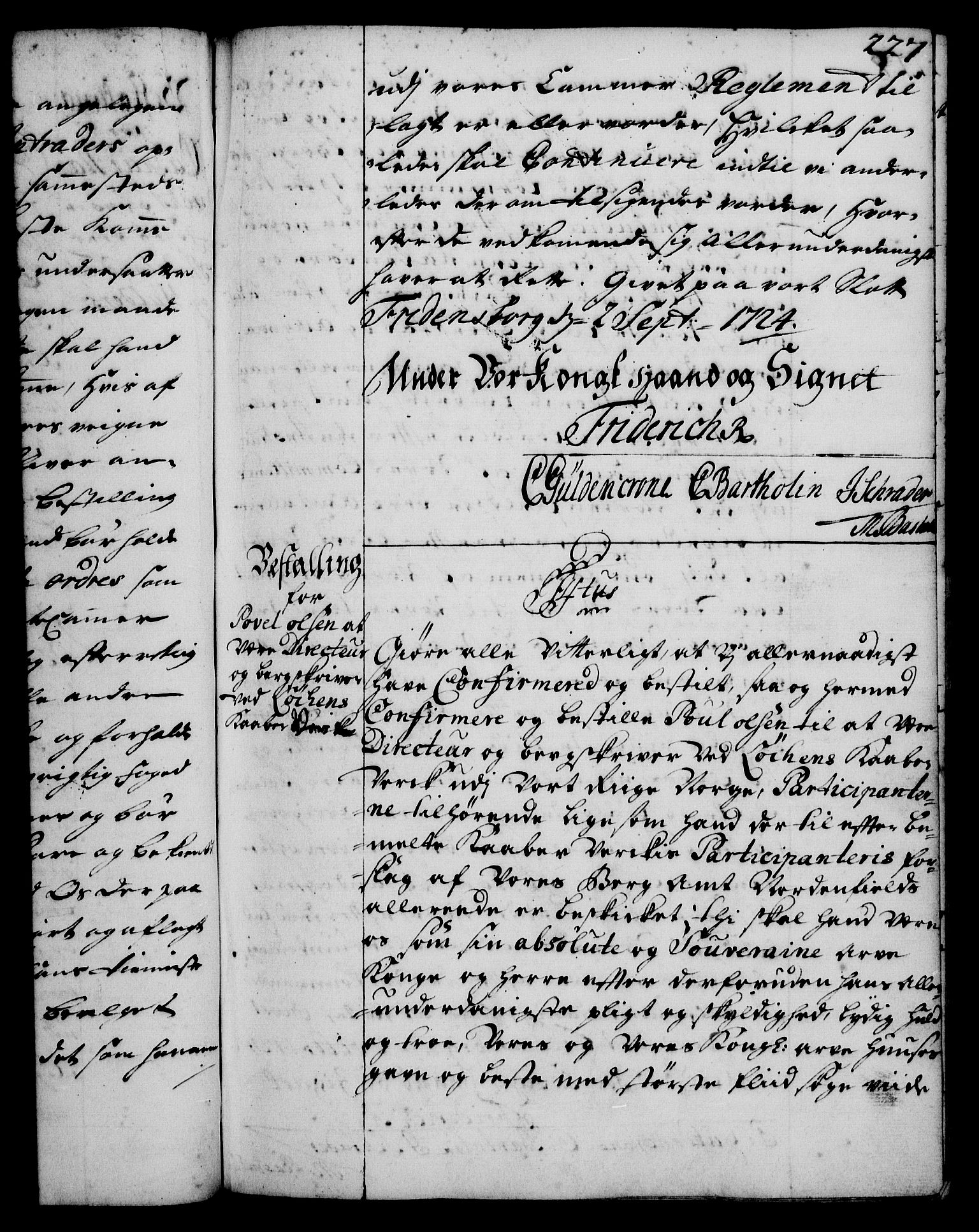 Rentekammeret, Kammerkanselliet, RA/EA-3111/G/Gg/Gge/L0001: Norsk bestallingsprotokoll med register (merket RK 53.25), 1720-1730, p. 227