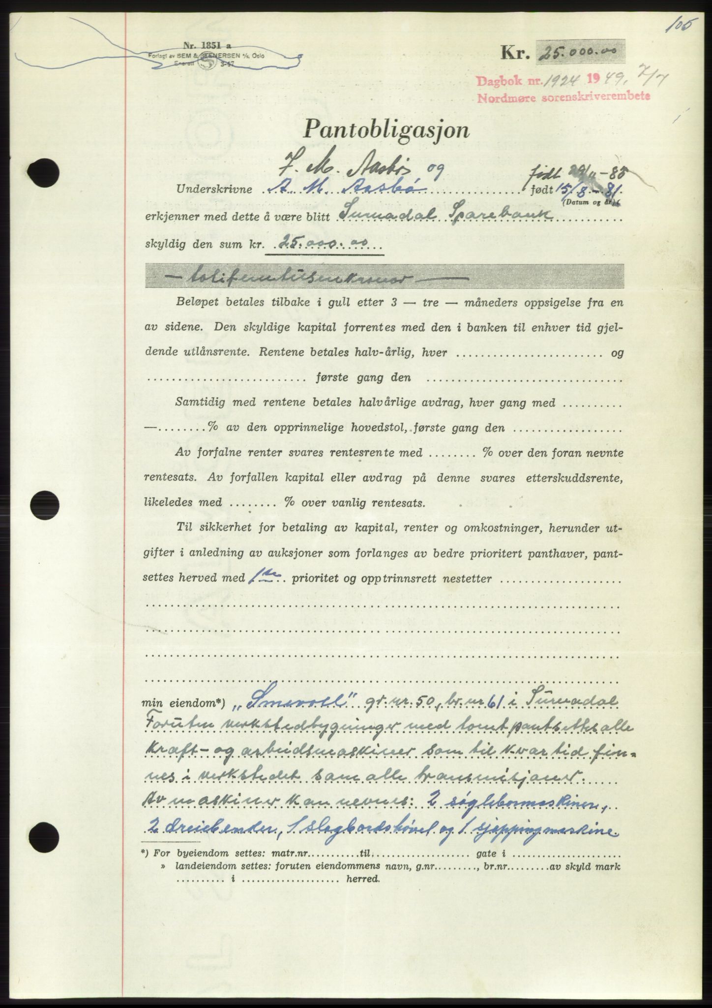 Nordmøre sorenskriveri, AV/SAT-A-4132/1/2/2Ca: Mortgage book no. B102, 1949-1949, Diary no: : 1924/1949