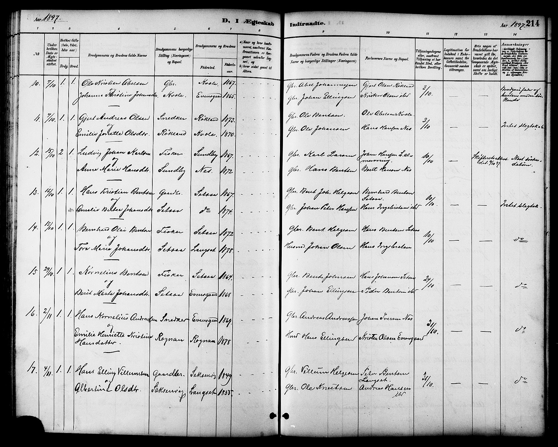 Ministerialprotokoller, klokkerbøker og fødselsregistre - Nordland, AV/SAT-A-1459/847/L0669: Parish register (official) no. 847A09, 1887-1901, p. 214