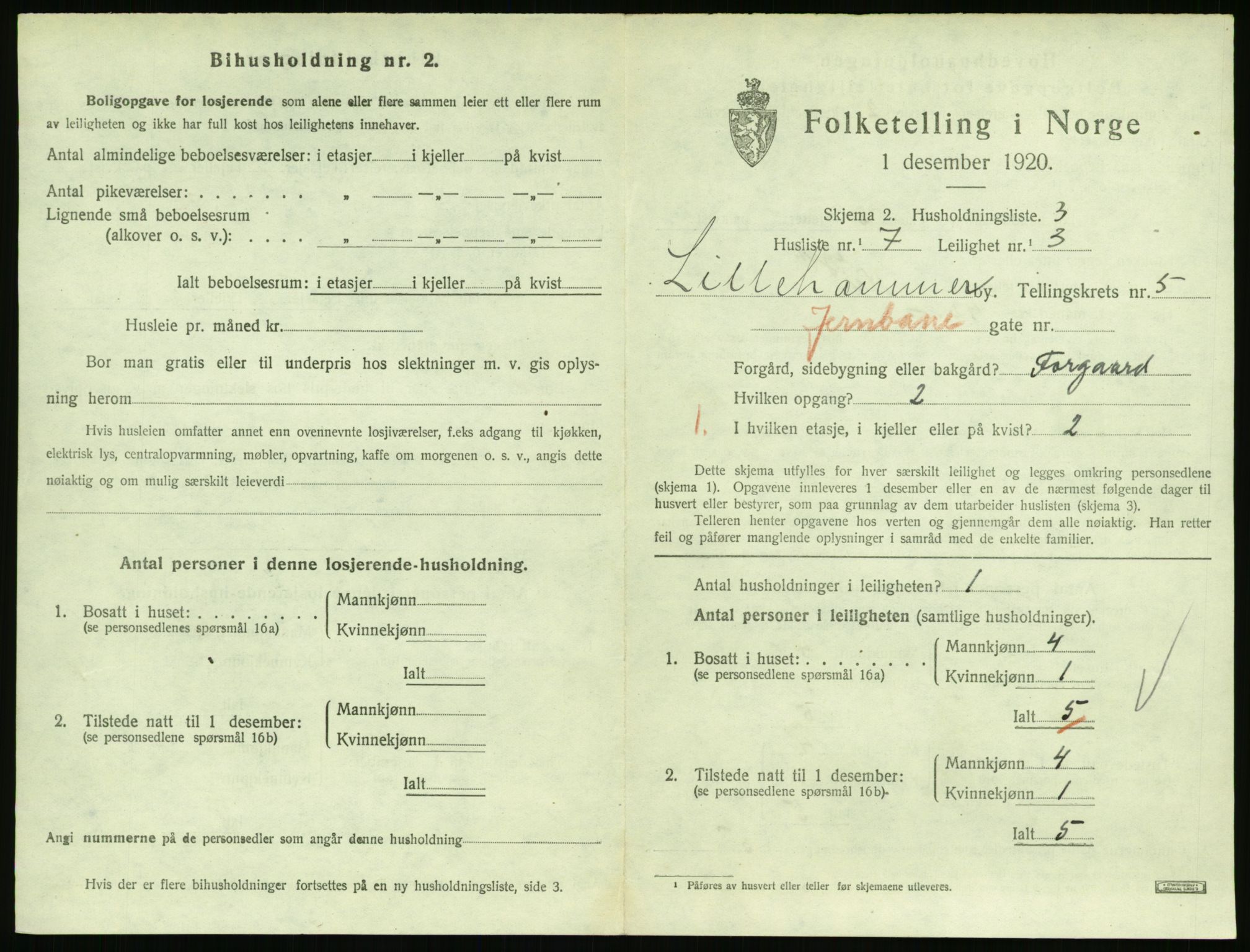 SAH, 1920 census for Lillehammer, 1920, p. 2226