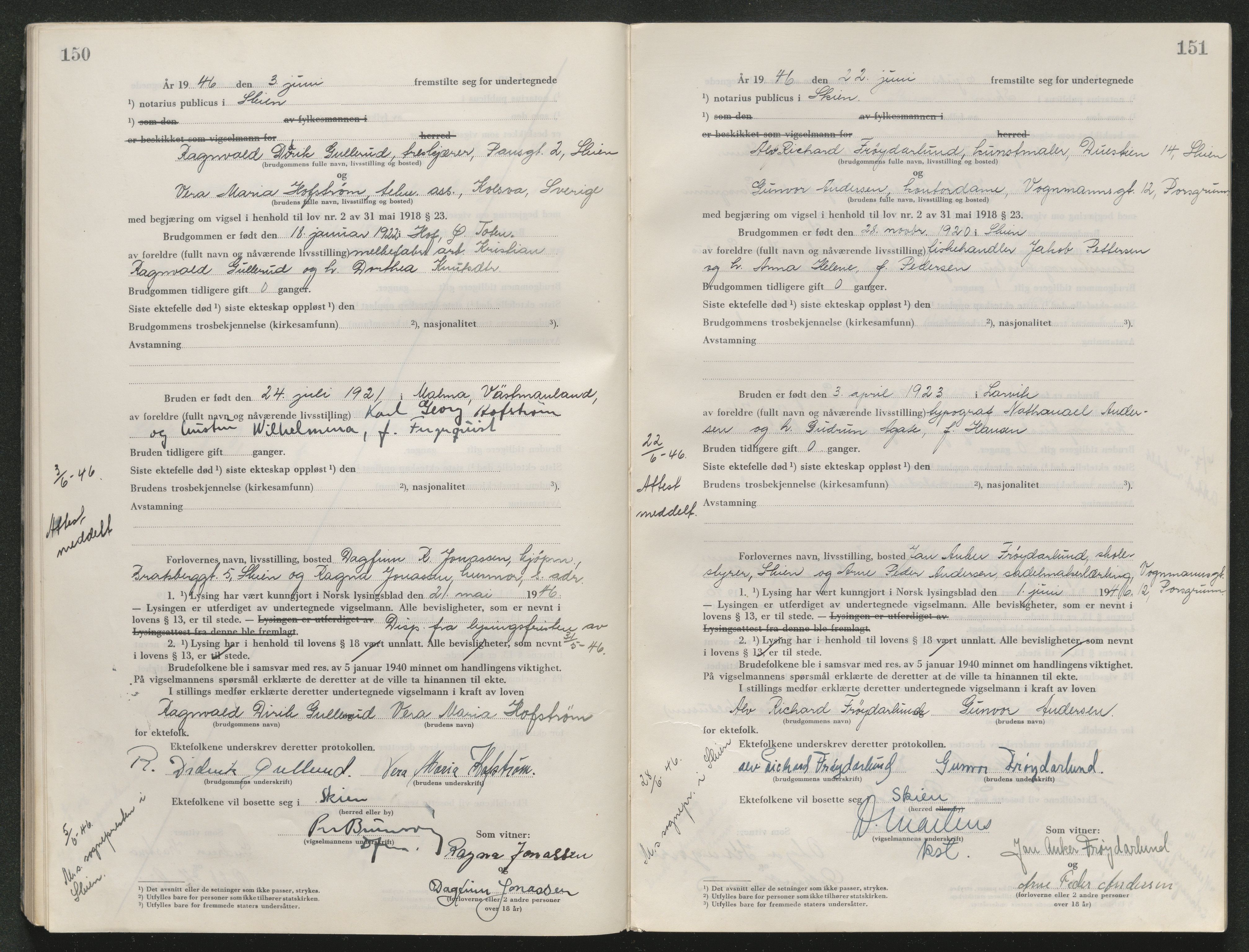 Skien sorenskriveri, AV/SAKO-A-225/L/La/L0001: Vigselsprotokoll, 1920-1947, p. 150-151