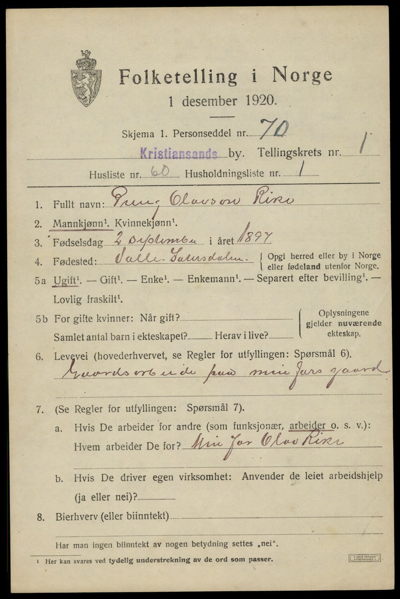 SAK, 1920 census for Kristiansand, 1920, p. 12305