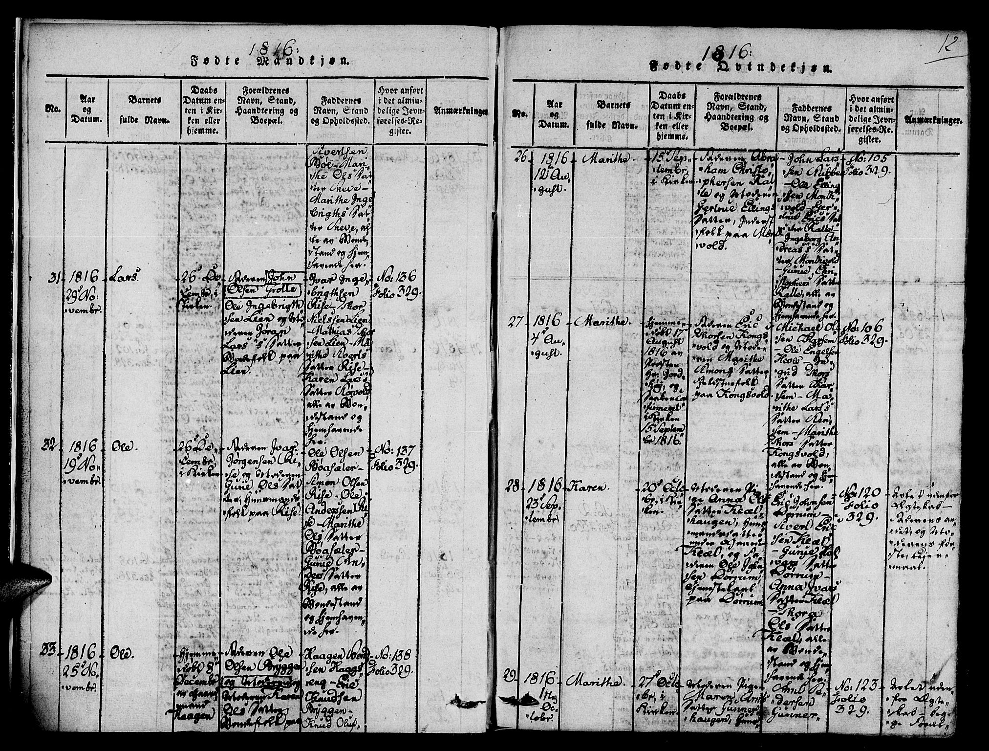 Ministerialprotokoller, klokkerbøker og fødselsregistre - Sør-Trøndelag, SAT/A-1456/678/L0895: Parish register (official) no. 678A05 /1, 1816-1821, p. 12