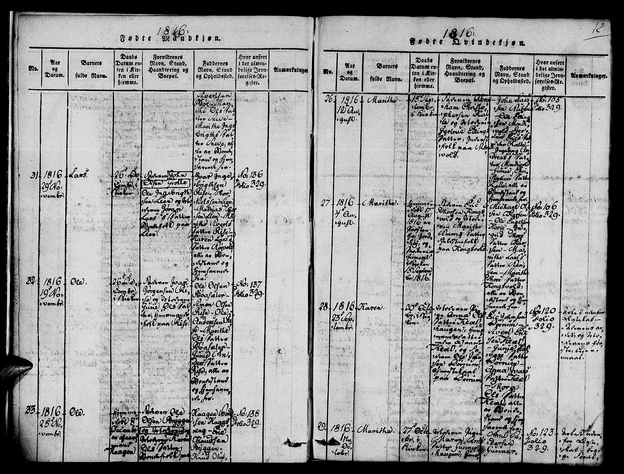 Ministerialprotokoller, klokkerbøker og fødselsregistre - Sør-Trøndelag, AV/SAT-A-1456/678/L0895: Parish register (official) no. 678A05 /1, 1816-1821, p. 12