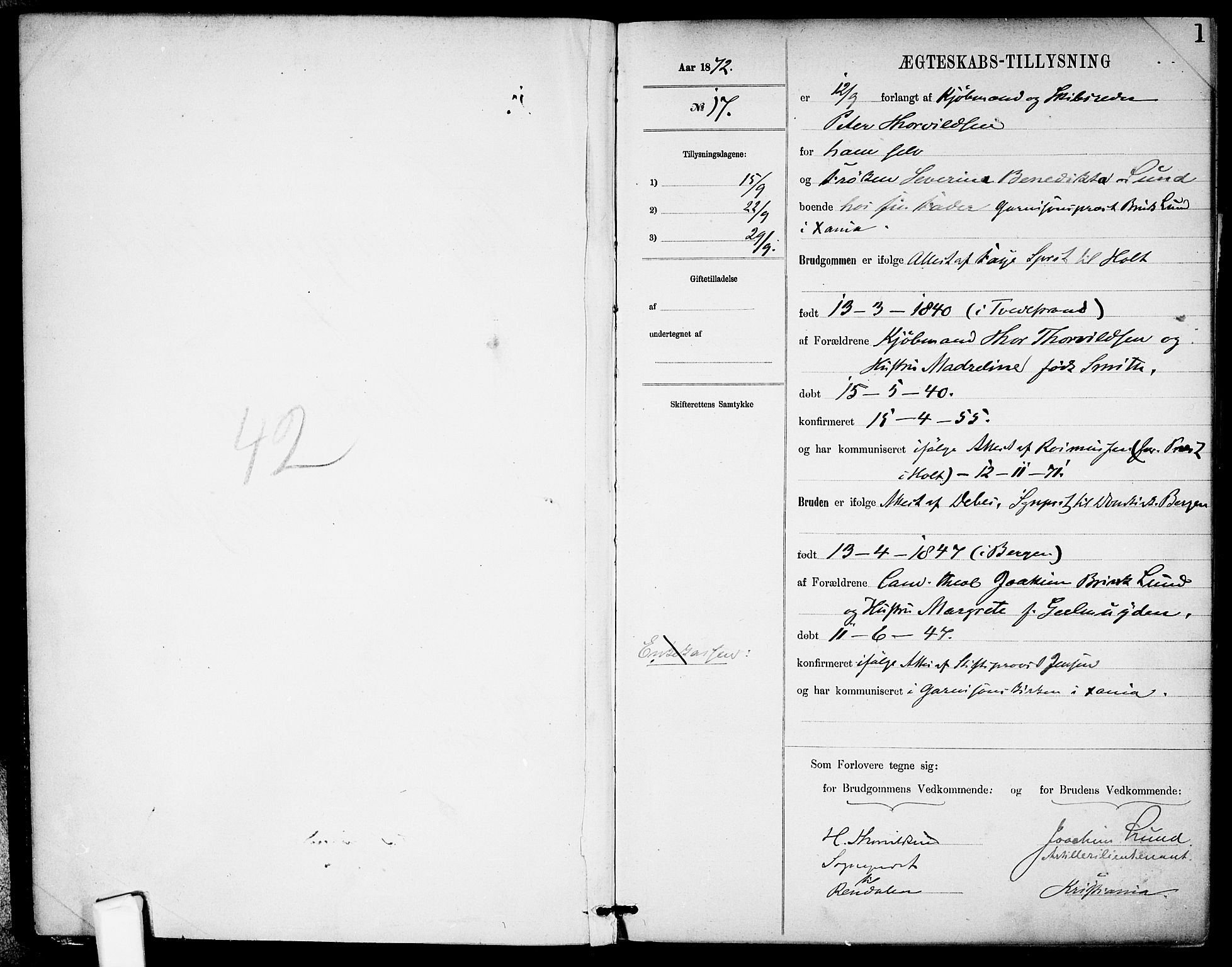 Garnisonsmenigheten Kirkebøker, SAO/A-10846/H/Ha/L0007: Banns register no. I 7, 1872-1893, p. 1
