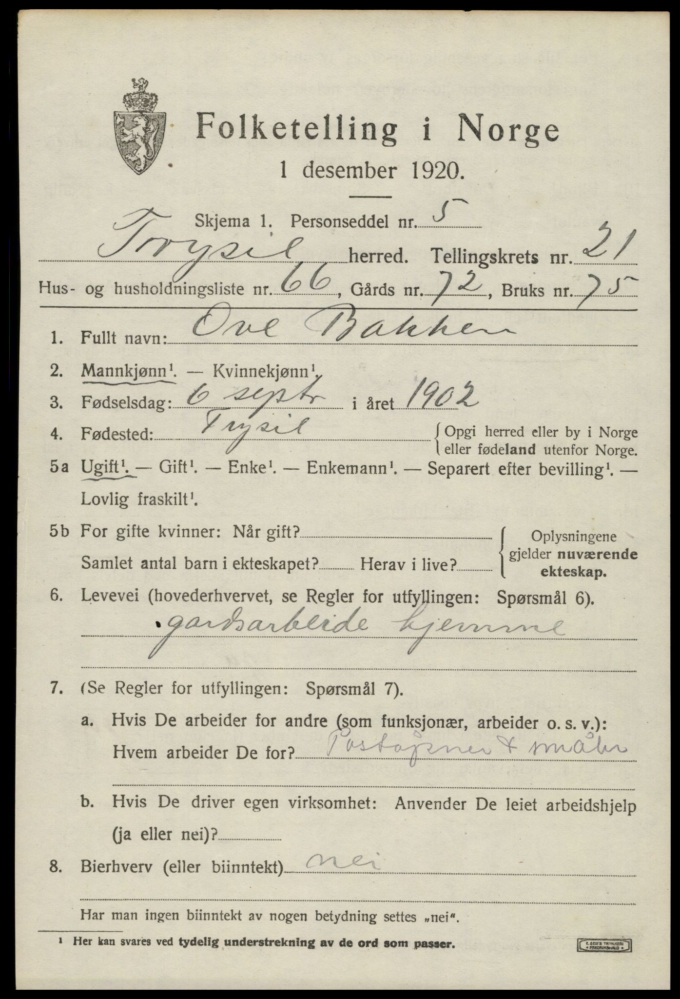 SAH, 1920 census for Trysil, 1920, p. 14549