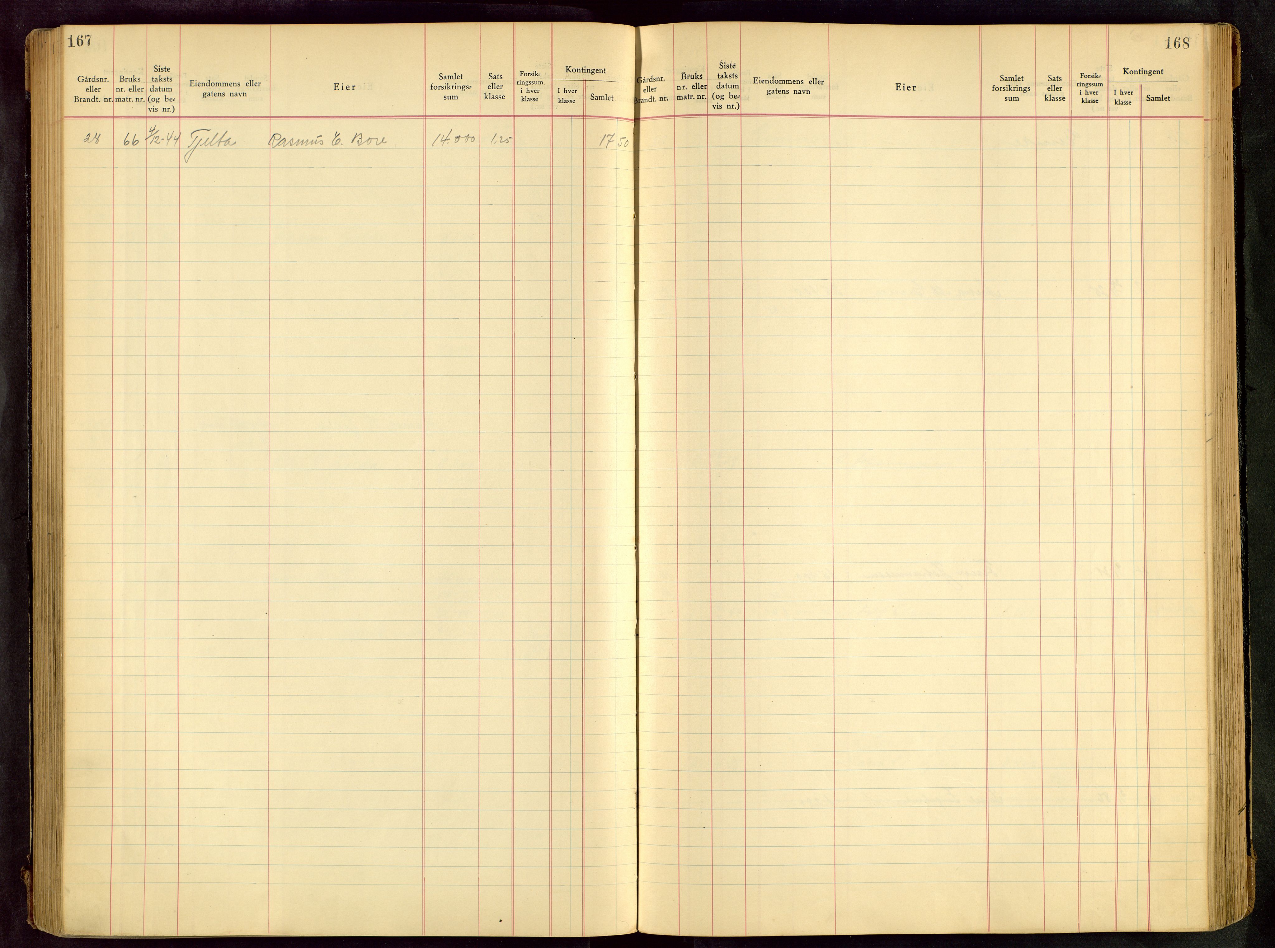 Håland lensmannskontor, SAST/A-100100/Goa/L0001: Beregningsprotokoll brannforsikring, 1932-1947, p. 167-168