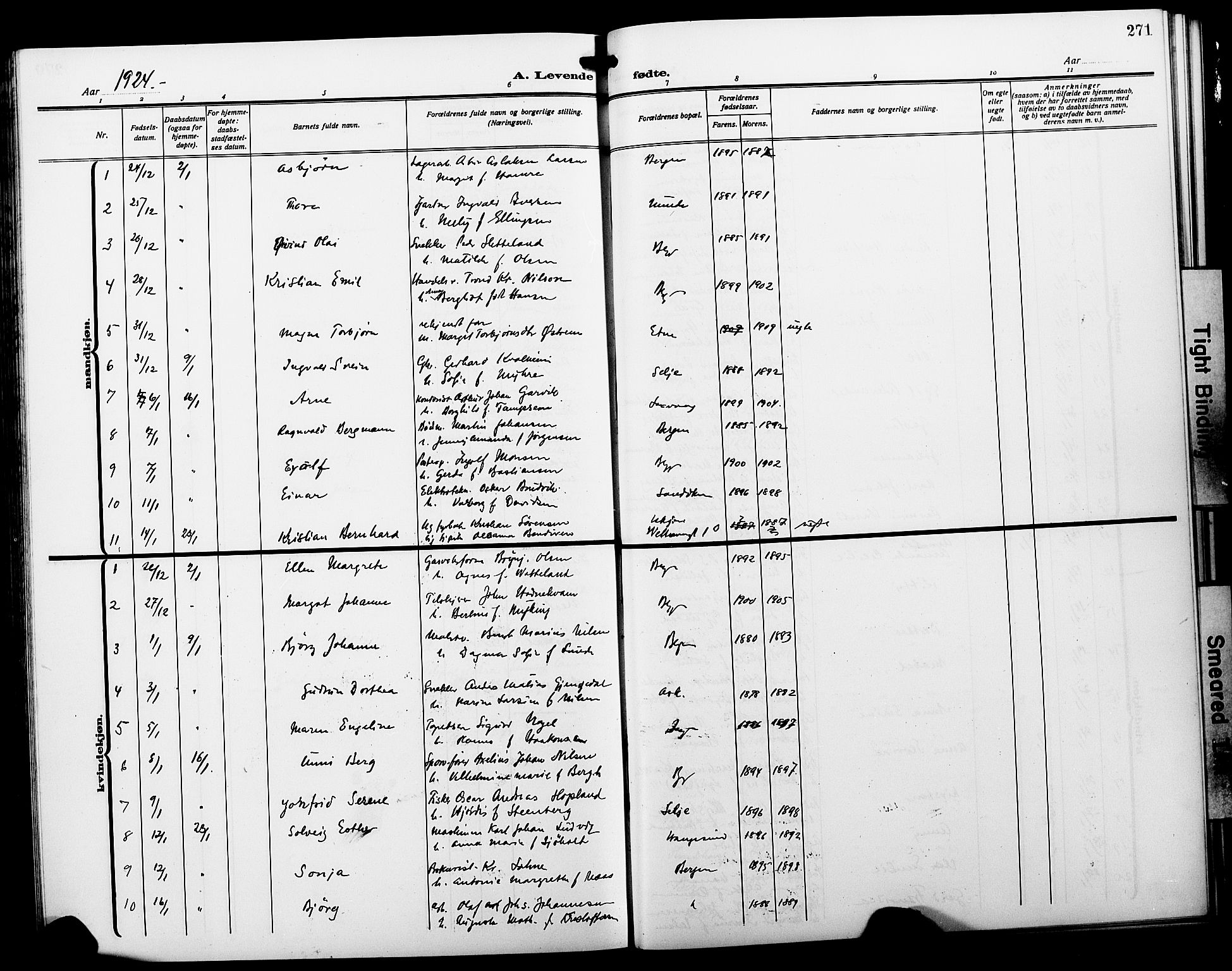 Fødselsstiftelsens sokneprestembete*, SAB/-: Parish register (copy) no. A 3, 1916-1925, p. 271