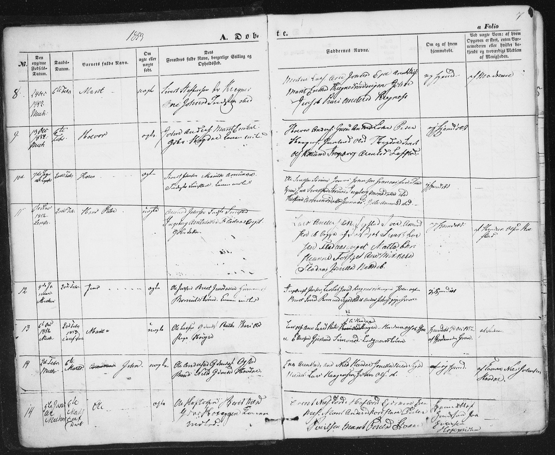 Ministerialprotokoller, klokkerbøker og fødselsregistre - Sør-Trøndelag, SAT/A-1456/691/L1076: Parish register (official) no. 691A08, 1852-1861, p. 7