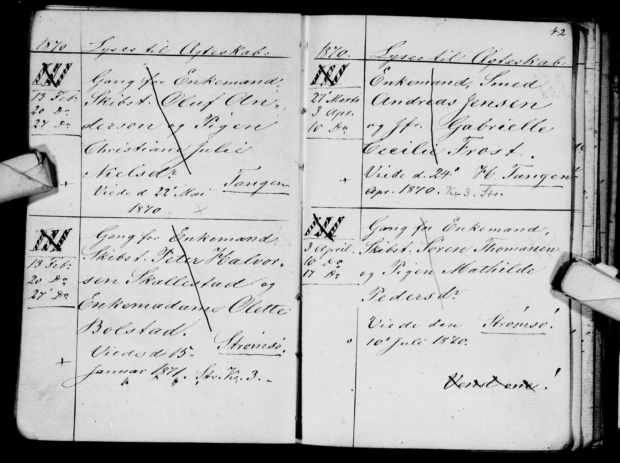 Strømsø kirkebøker, AV/SAKO-A-246/H/Ha/L0003: Banns register no. 3, 1866-1874, p. 42