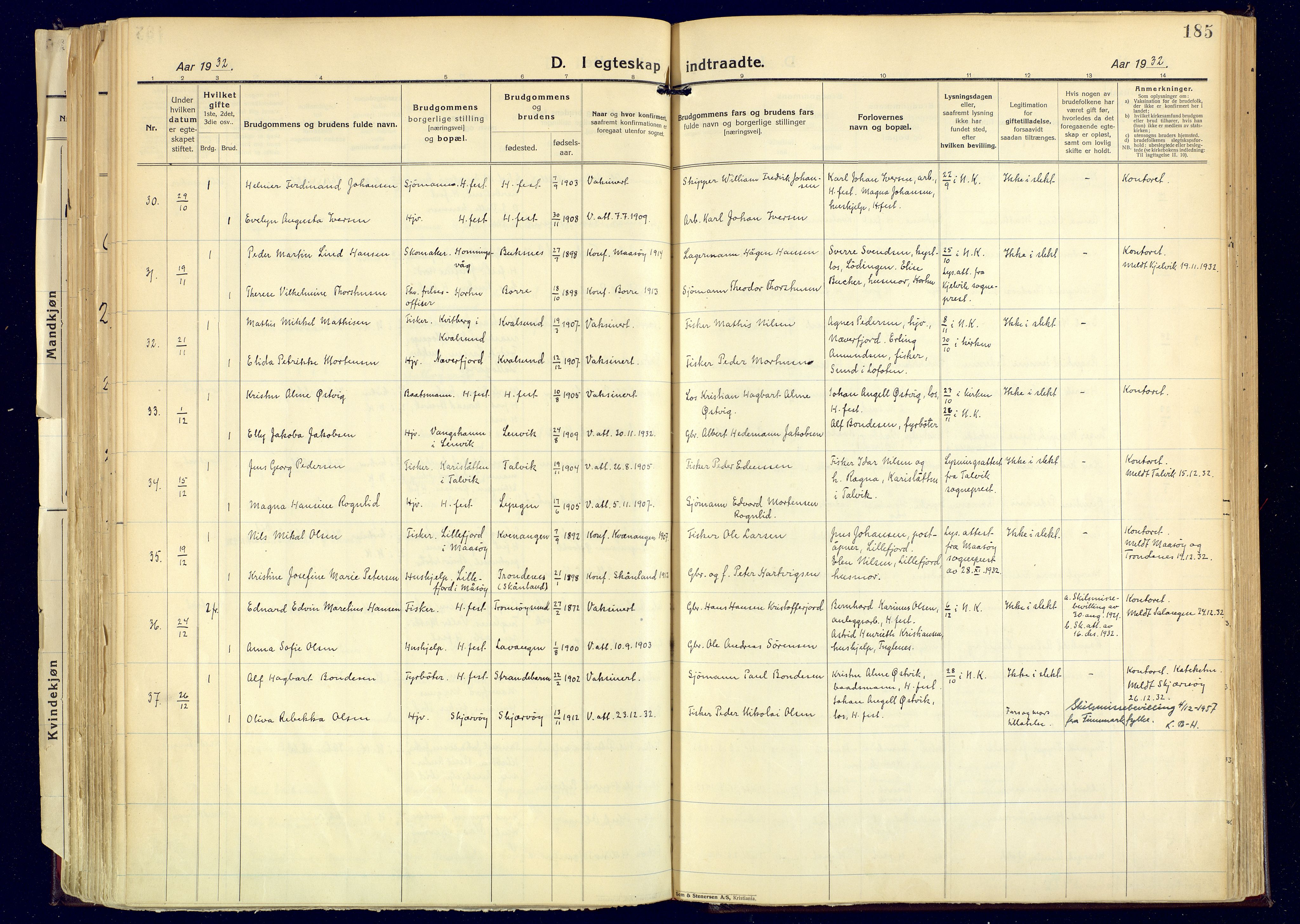 Hammerfest sokneprestkontor, SATØ/S-1347: Parish register (official) no. 17, 1923-1933, p. 185