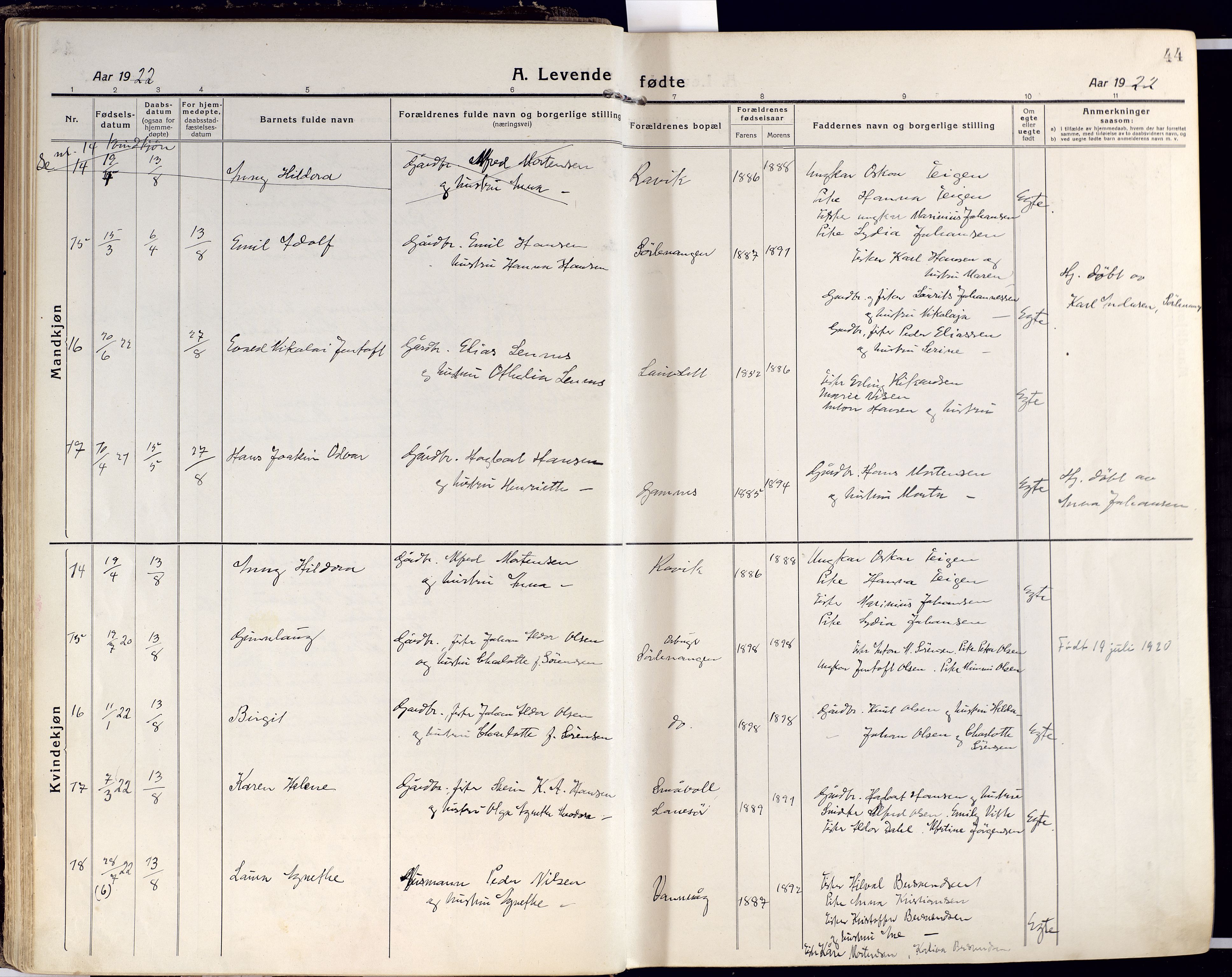 Karlsøy sokneprestembete, SATØ/S-1299/H/Ha/Haa/L0015kirke: Parish register (official) no. 15, 1918-1929, p. 44