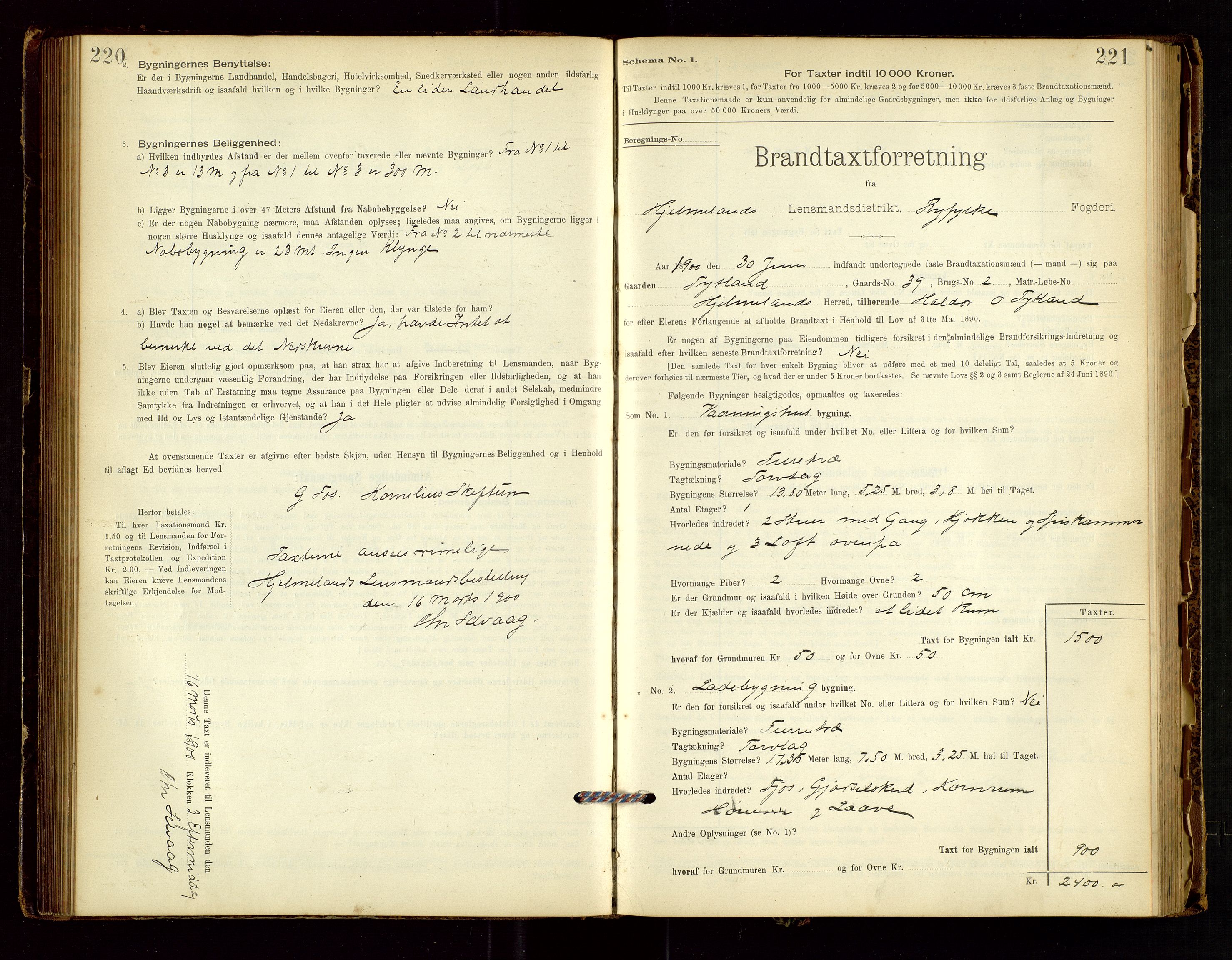 Hjelmeland lensmannskontor, AV/SAST-A-100439/Gob/L0001: "Brandtaxationsprotokol", 1895-1932, p. 220-221