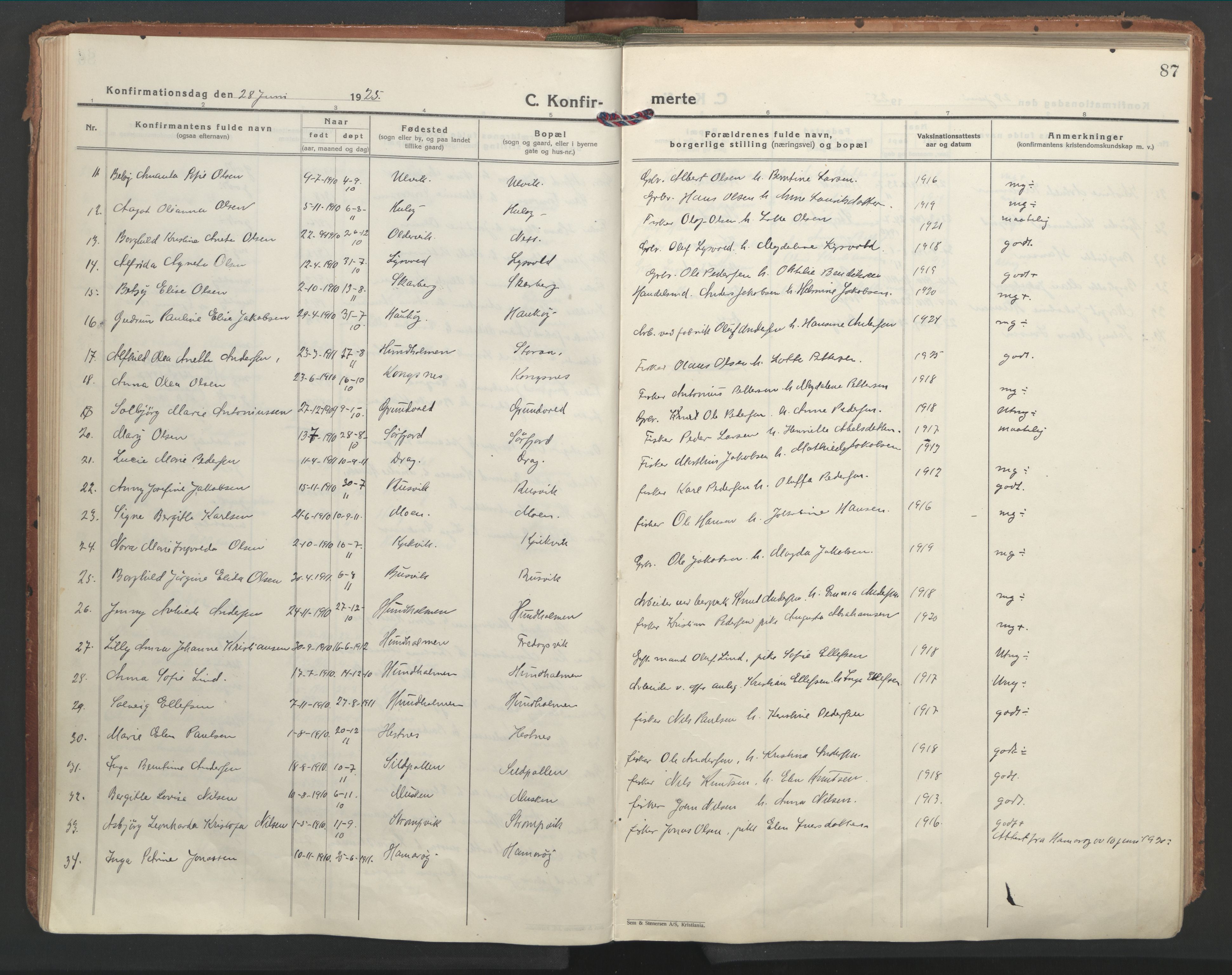 Ministerialprotokoller, klokkerbøker og fødselsregistre - Nordland, SAT/A-1459/861/L0873: Parish register (official) no. 861A08, 1923-1932, p. 87