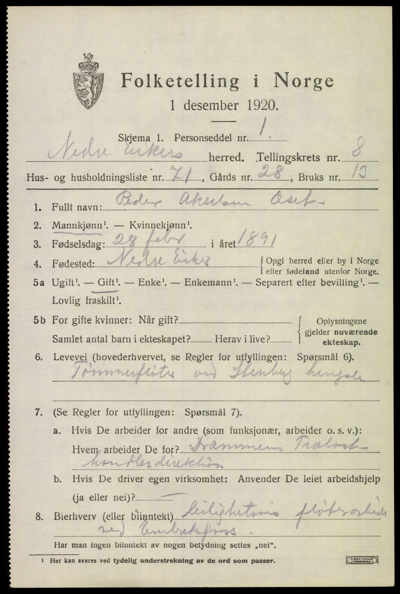 SAKO, 1920 census for Nedre Eiker, 1920, p. 9227